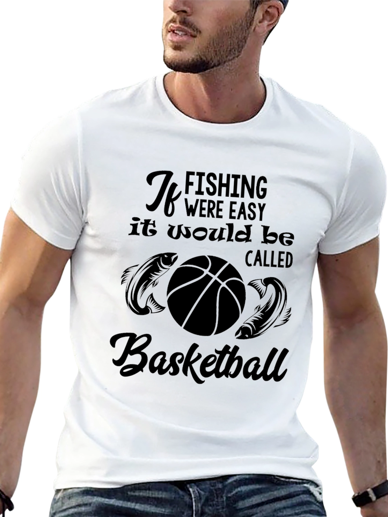Funny Fishing & Basketball Graphic T-Shirt
