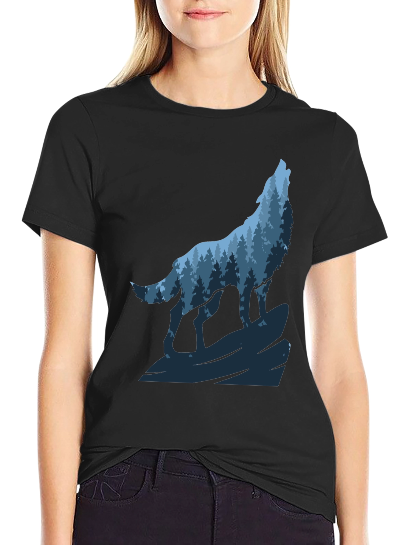 Wolf Howling Forest Graphic Tee - Black