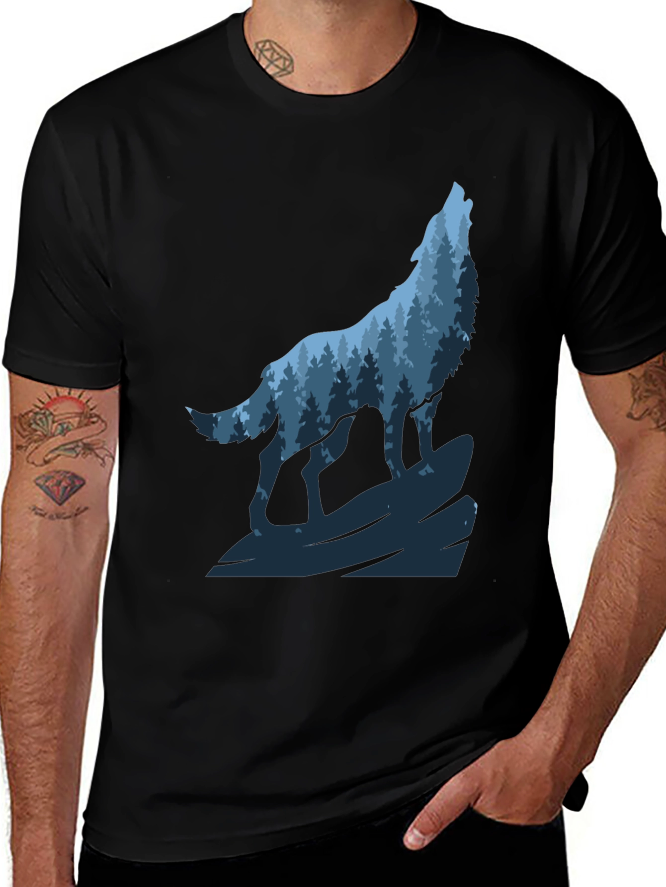 Wolf Howling Forest Graphic Tee - Black