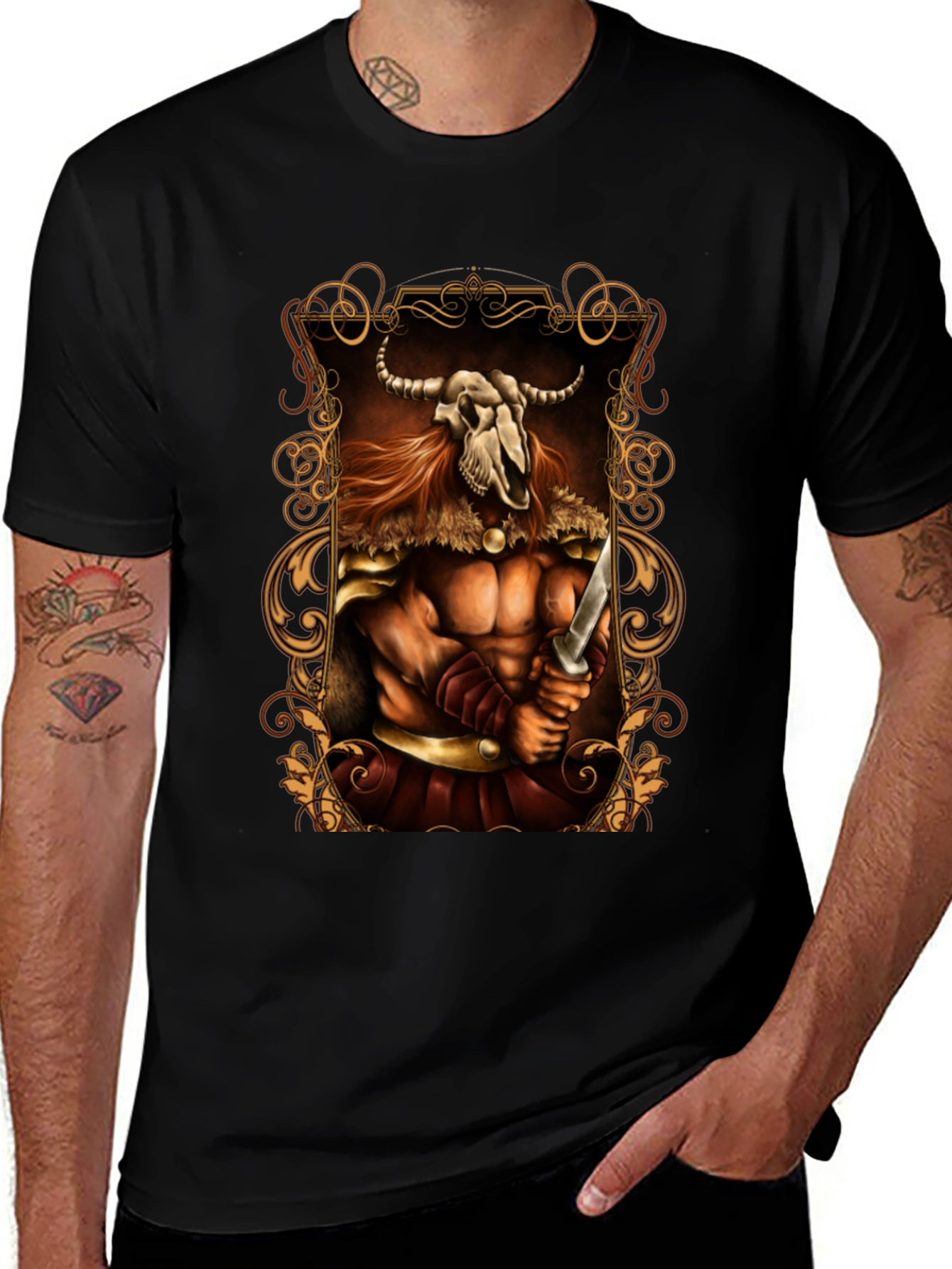 Viking Warrior Graphic Print Black T-Shirt