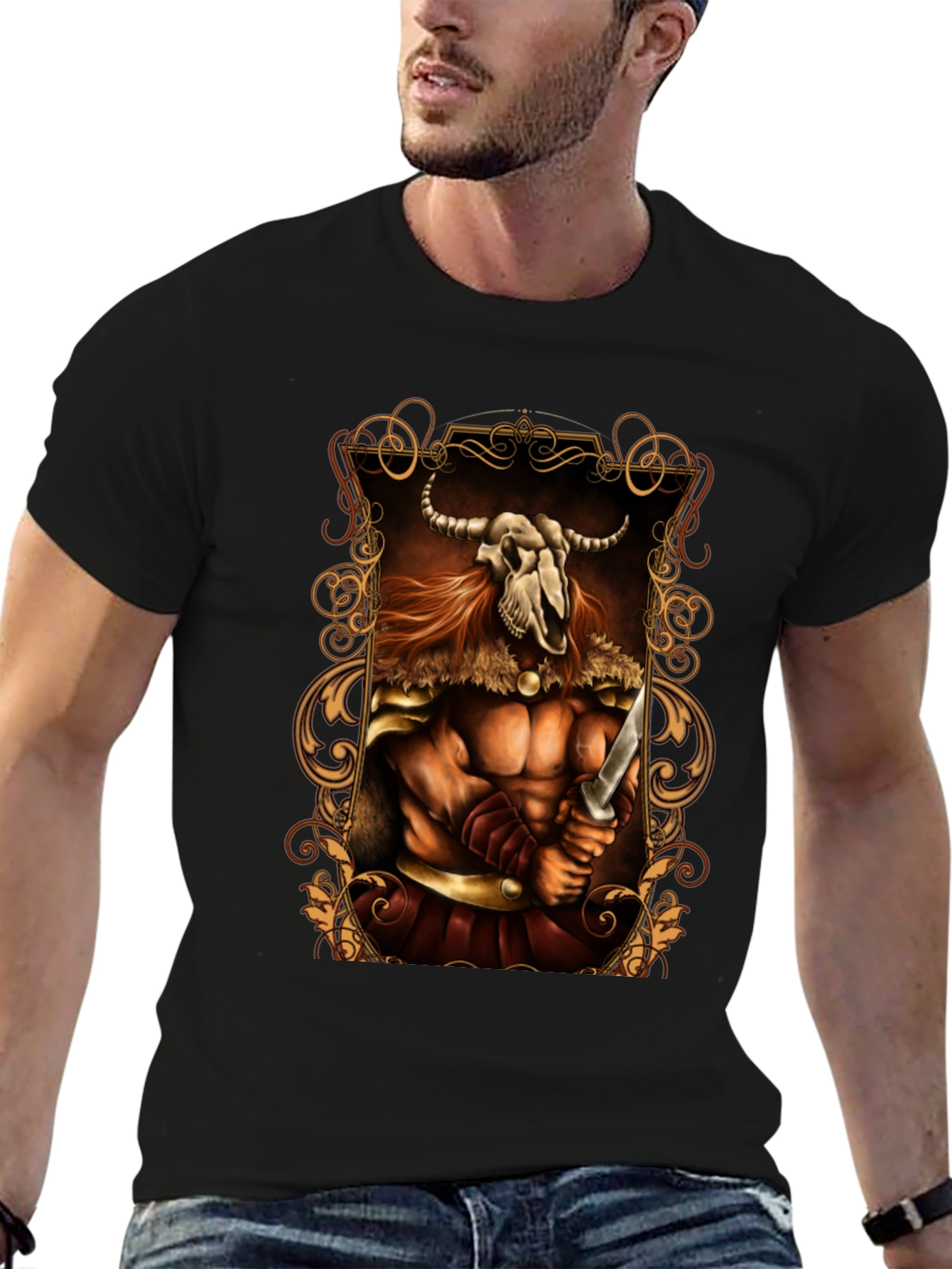 Viking Warrior Graphic Print Black T-Shirt