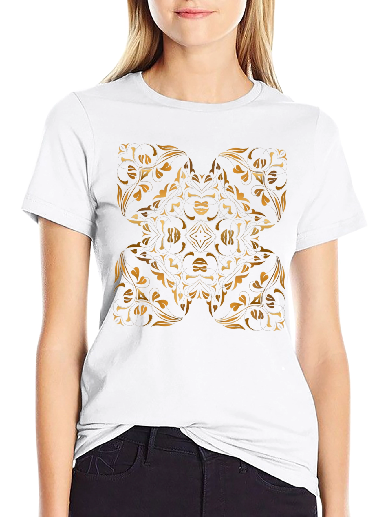 Stylish Black Tee with Gold Floral Mandala Design