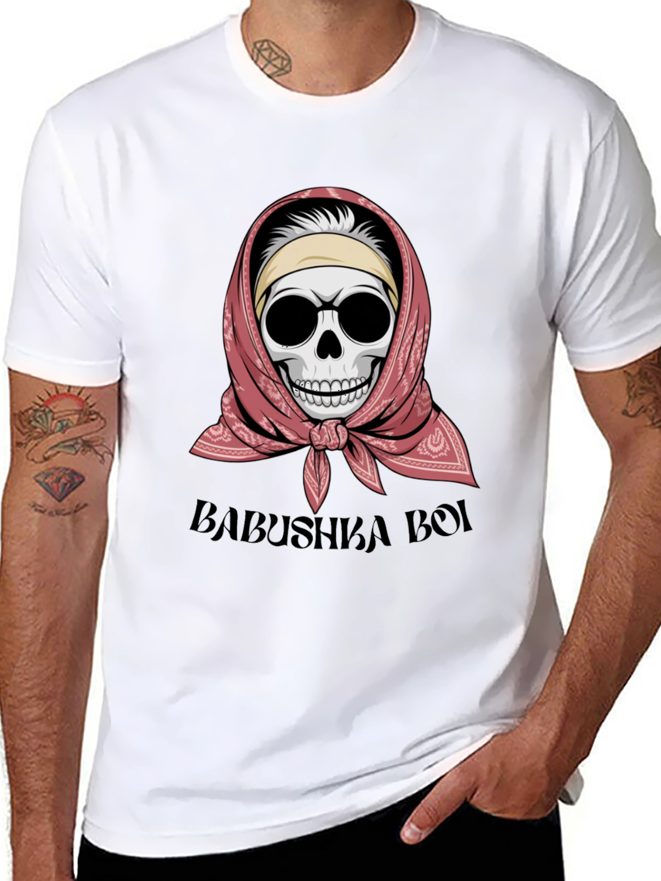 Babushka Boi T-Shirt - Skull with Headscarf Design