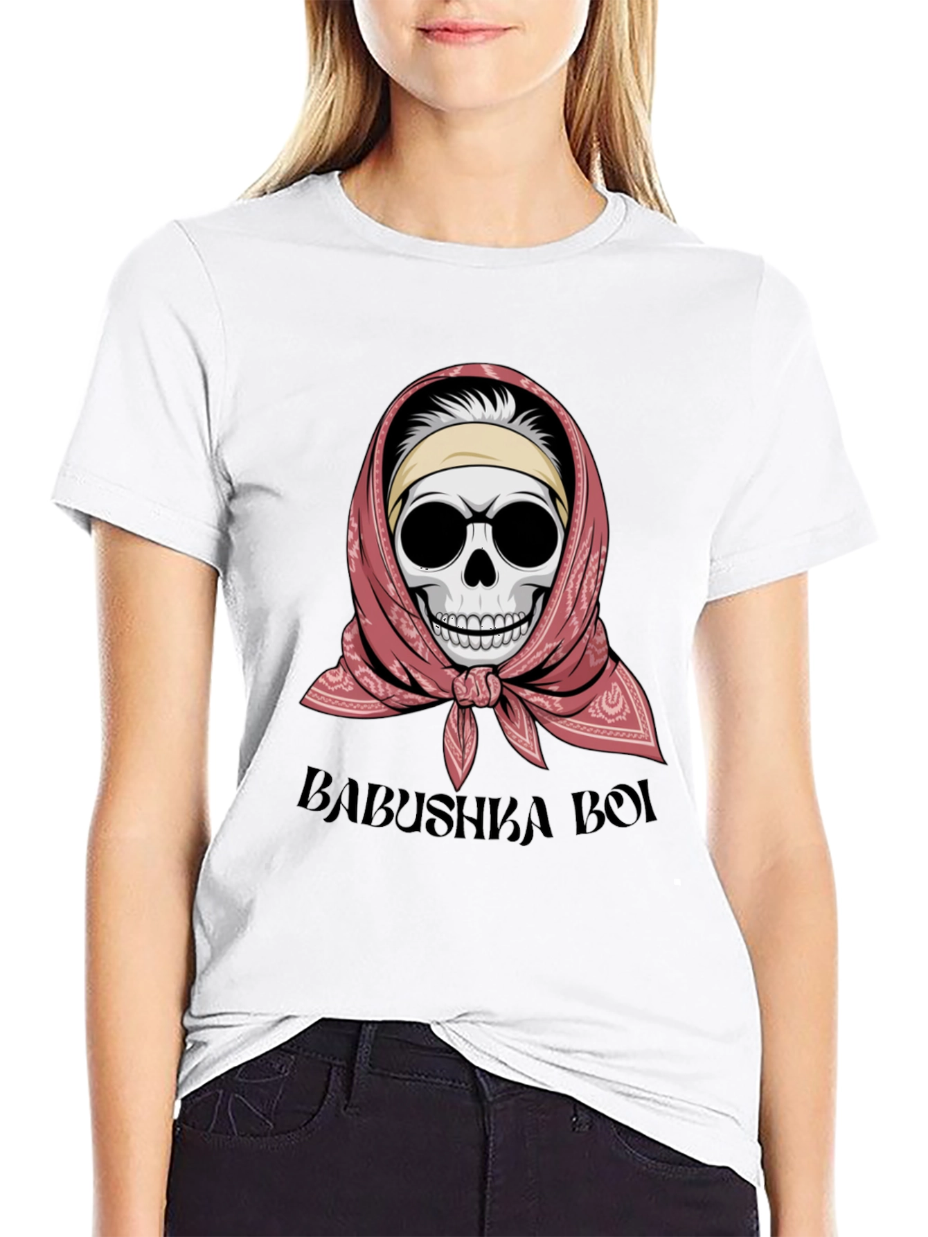 Babushka Boi T-Shirt - Skull with Headscarf Design