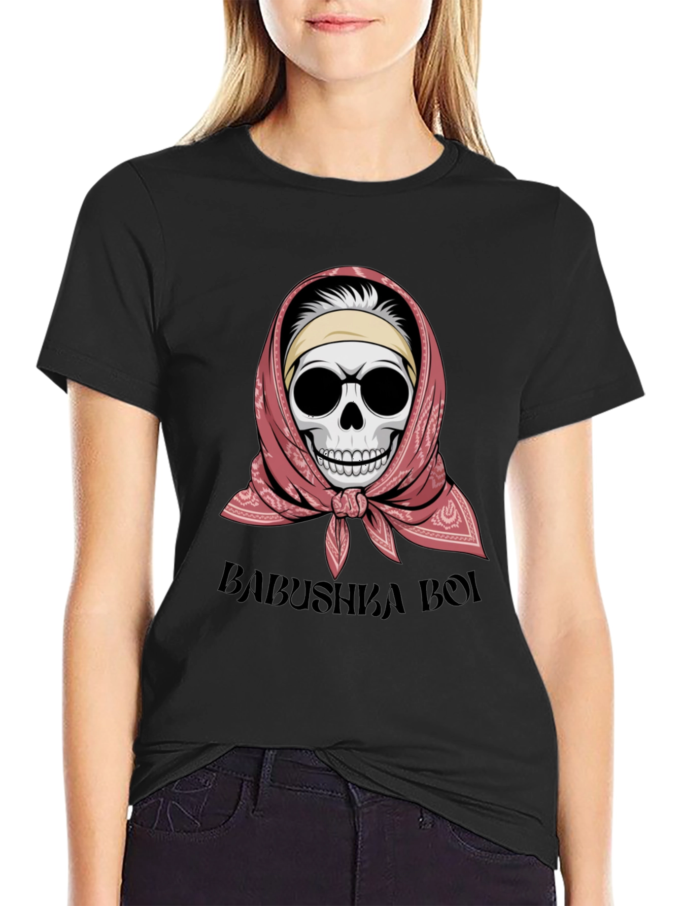 Babushka Boi T-Shirt - Skull with Headscarf Design