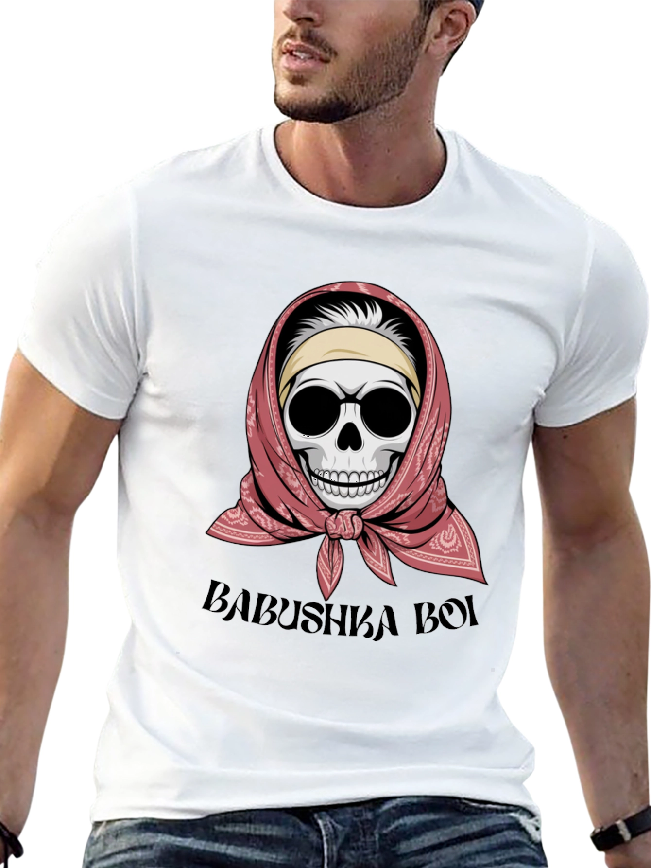 Babushka Boi T-Shirt - Skull with Headscarf Design
