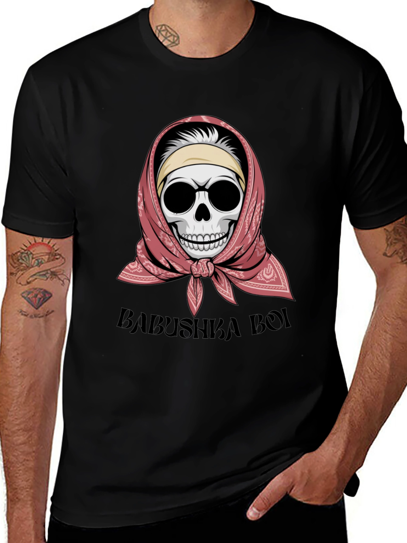 Babushka Boi T-Shirt - Skull with Headscarf Design