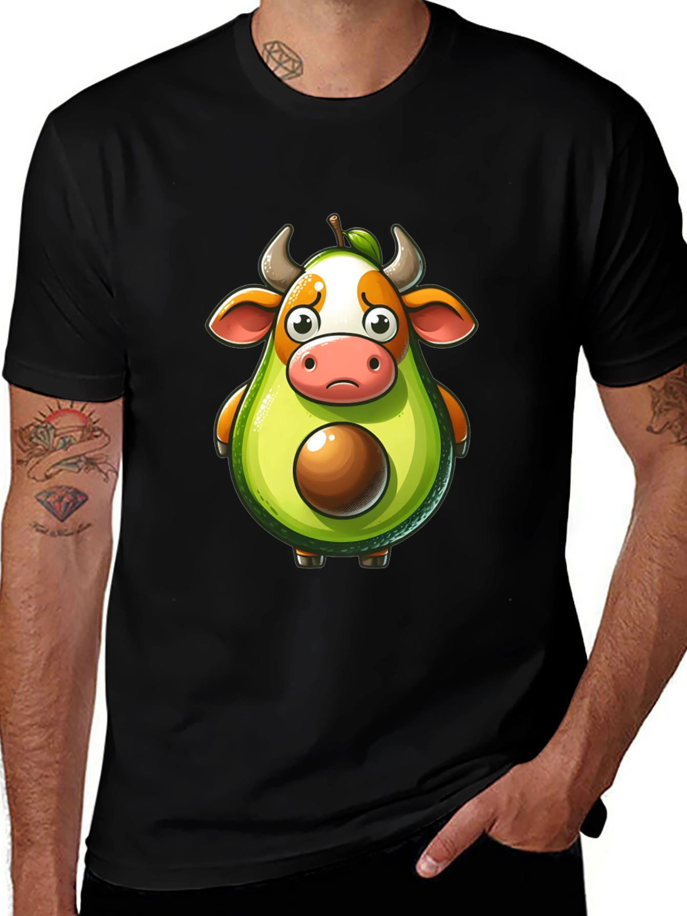 Avocado Cow Cartoon Black T-Shirt