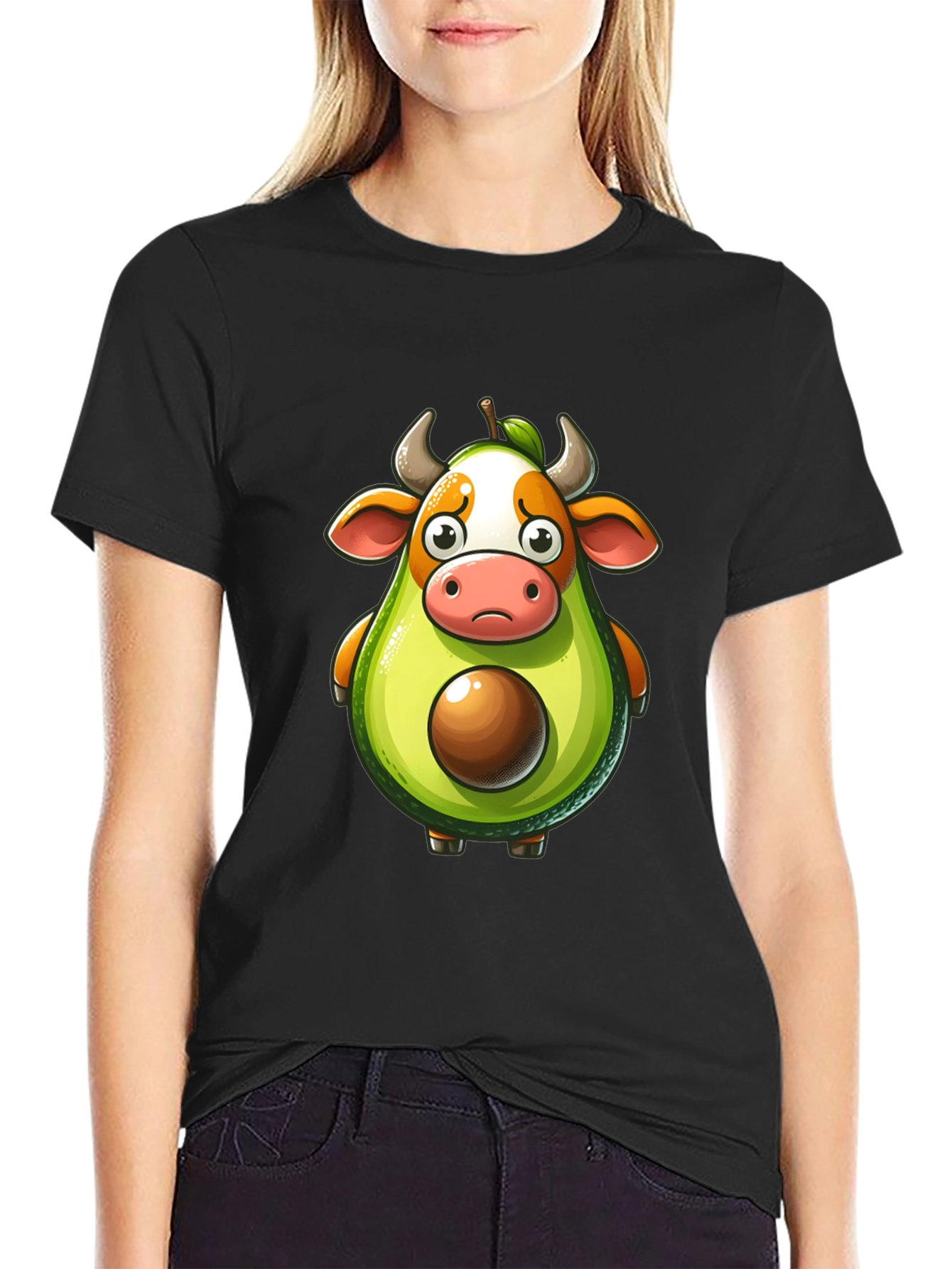 Avocado Cow Cartoon Black T-Shirt