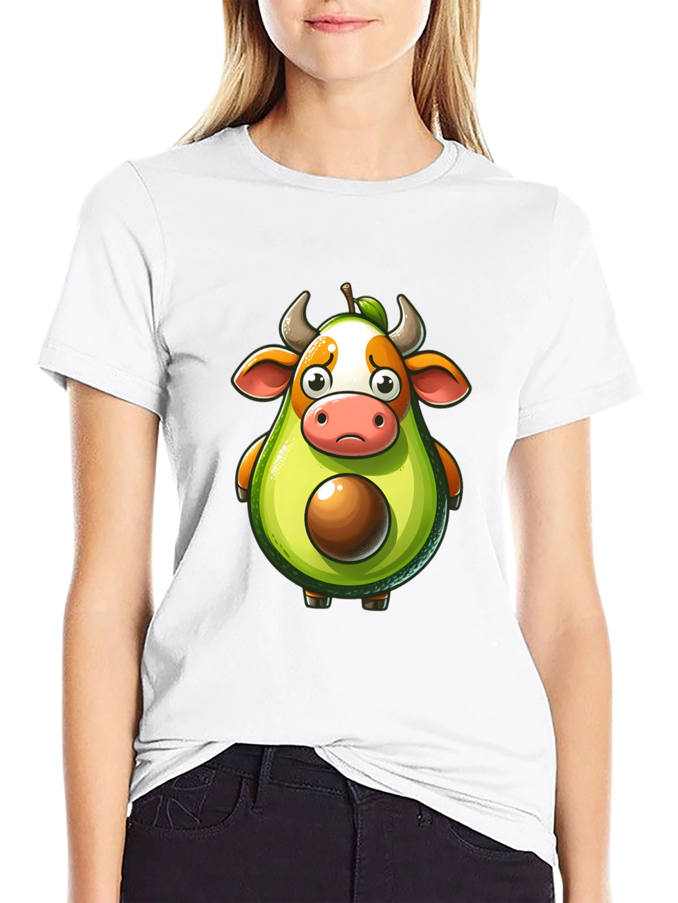 Avocado Cow Cartoon Black T-Shirt