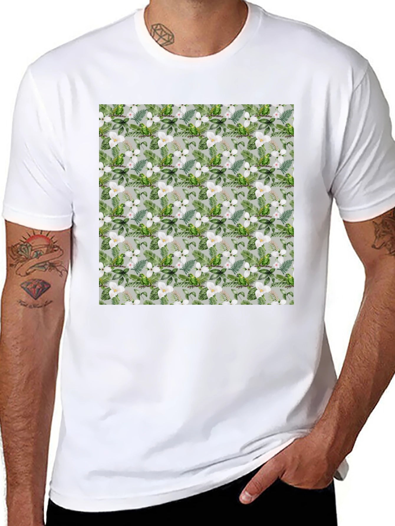 Tropical Floral Parrot Print Black T-Shirt