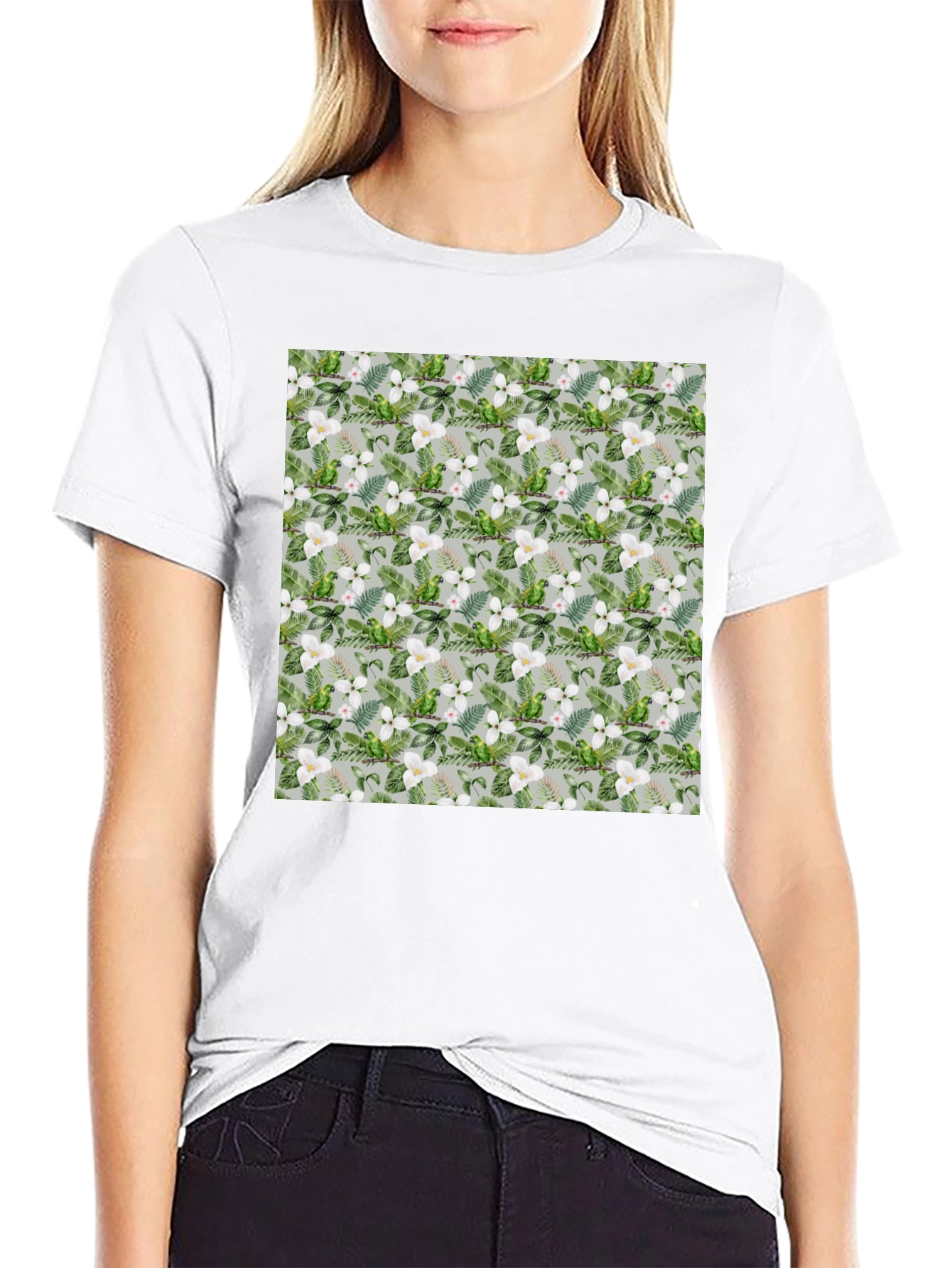 Tropical Floral Parrot Print Black T-Shirt