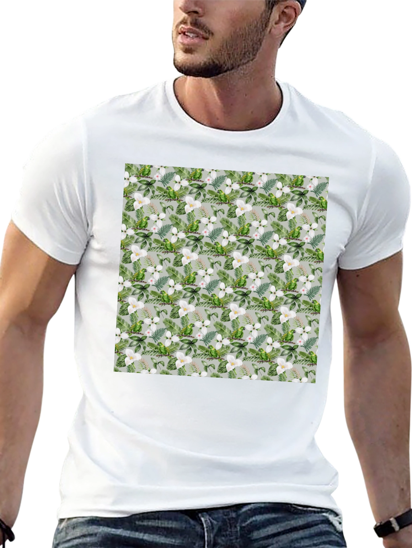Tropical Floral Parrot Print Black T-Shirt