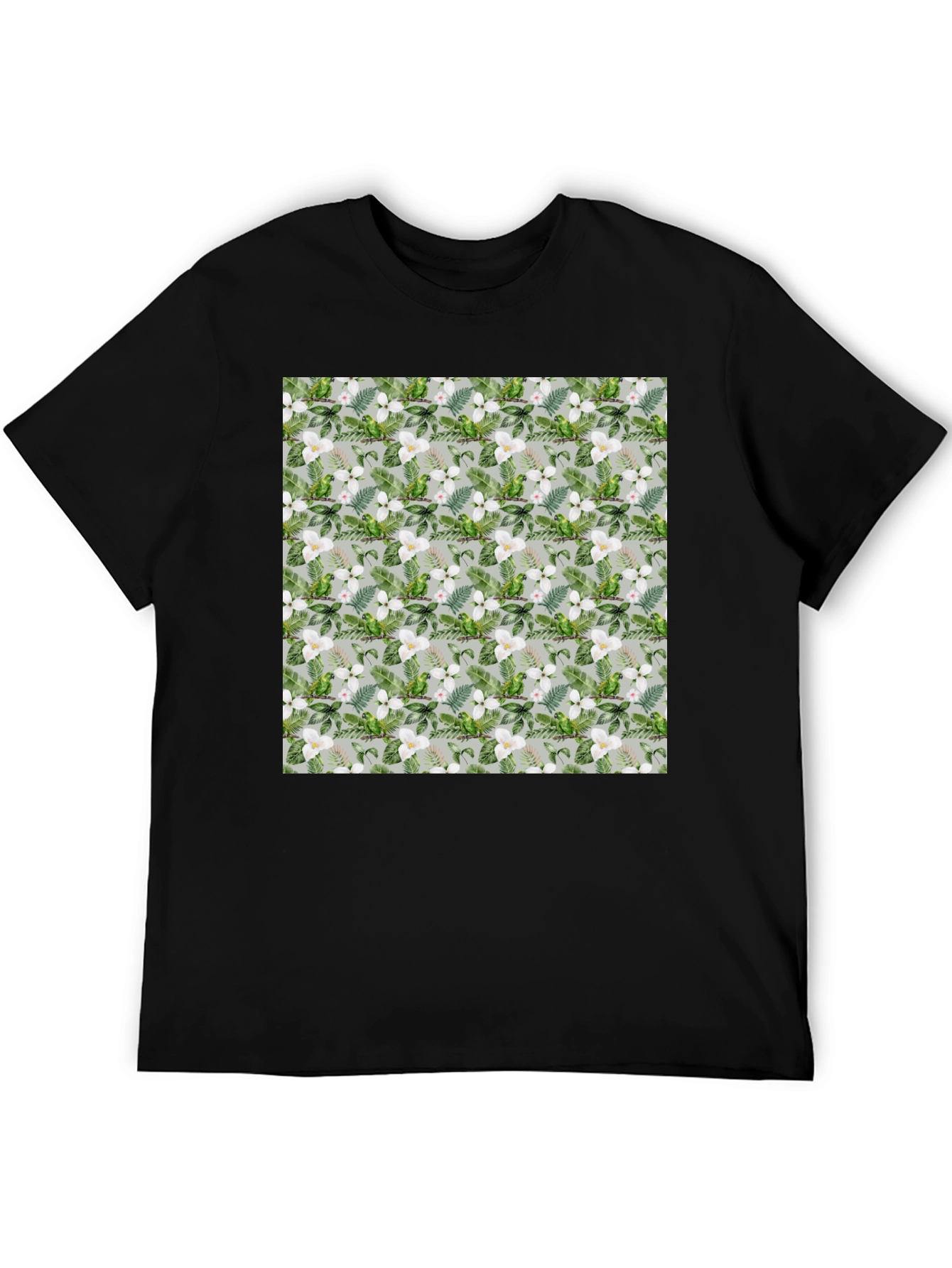 Tropical Floral Parrot Print Black T-Shirt