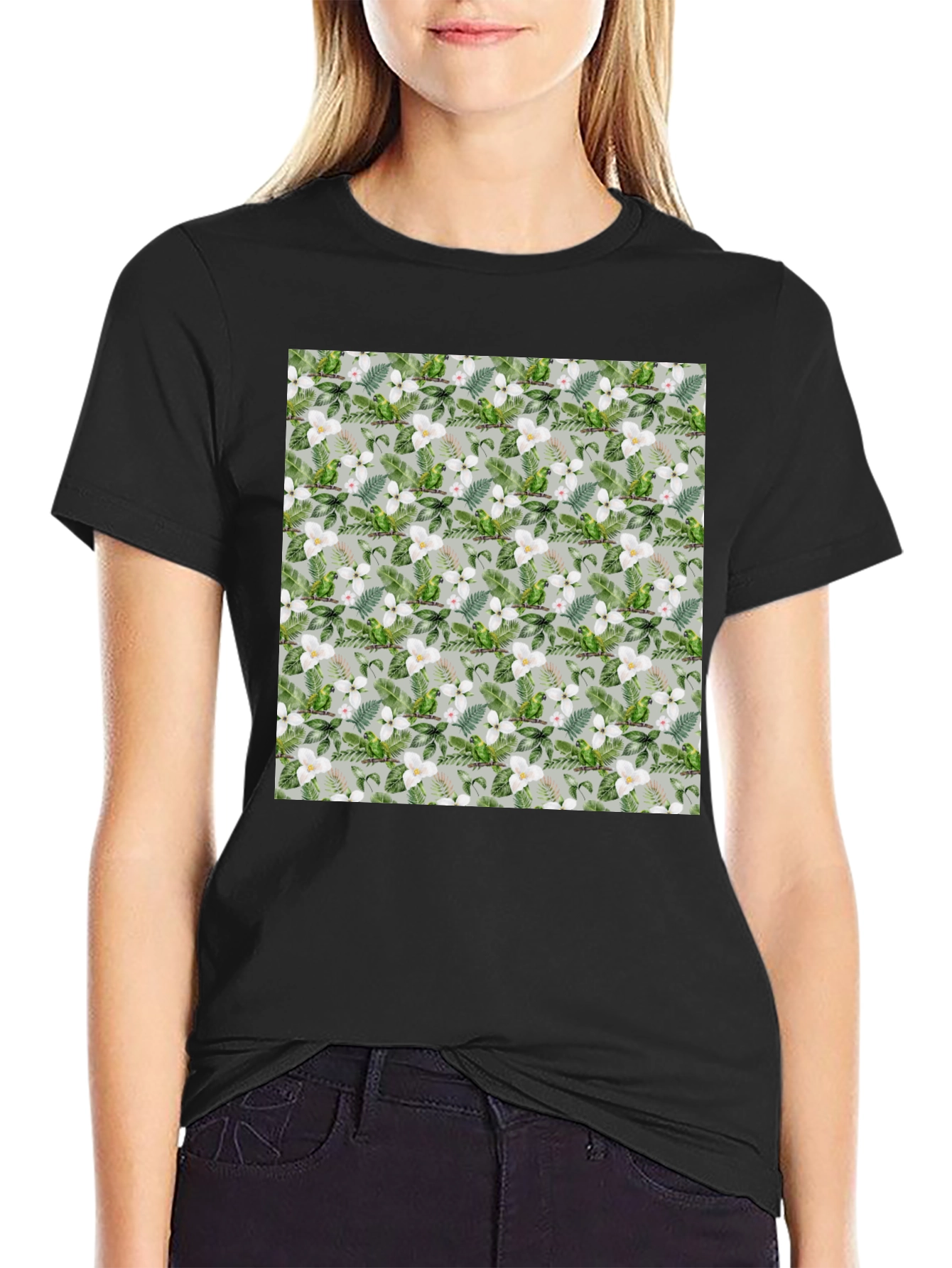 Tropical Floral Parrot Print Black T-Shirt