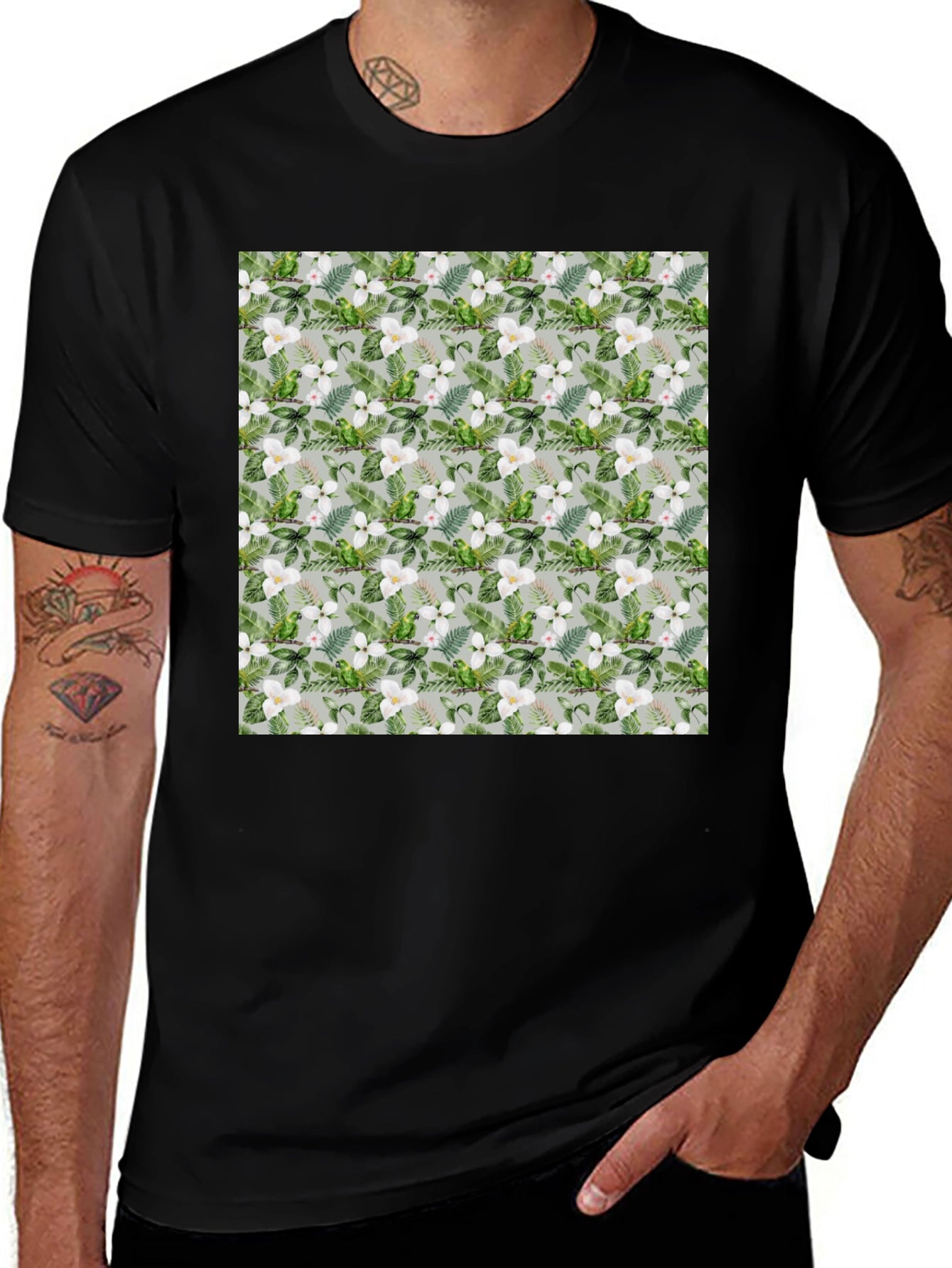 Tropical Floral Parrot Print Black T-Shirt