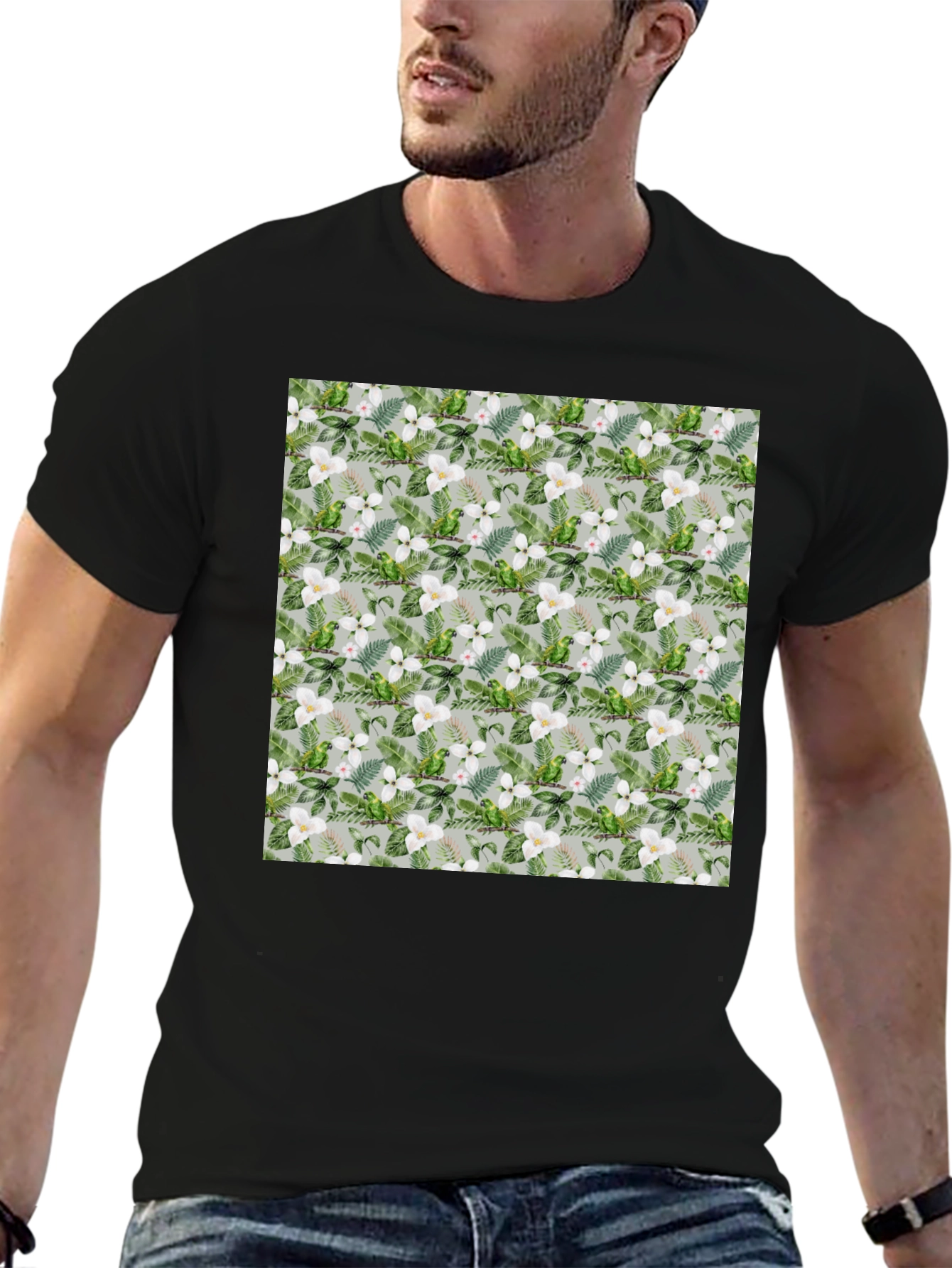 Tropical Floral Parrot Print Black T-Shirt