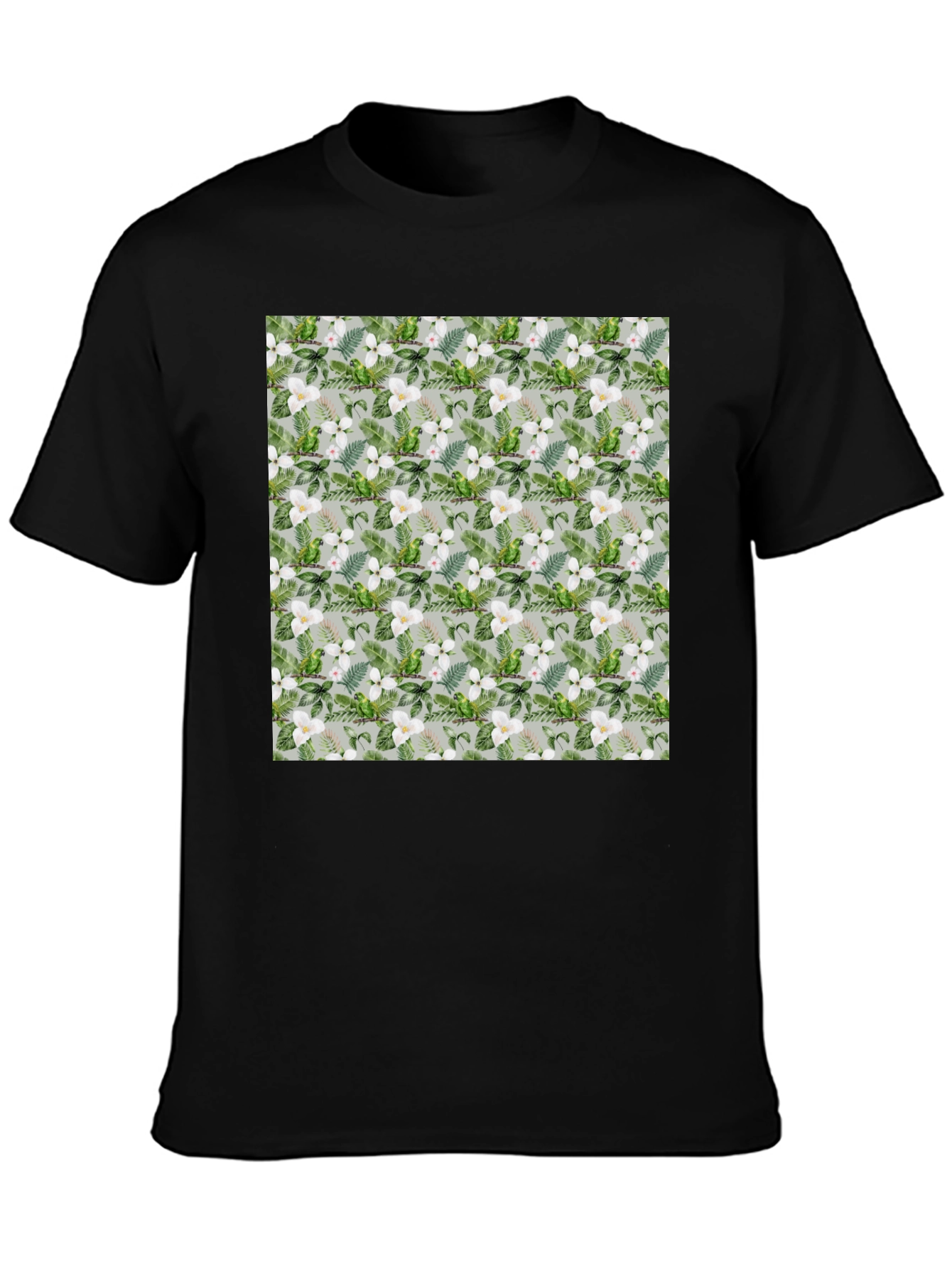 Tropical Floral Parrot Print Black T-Shirt