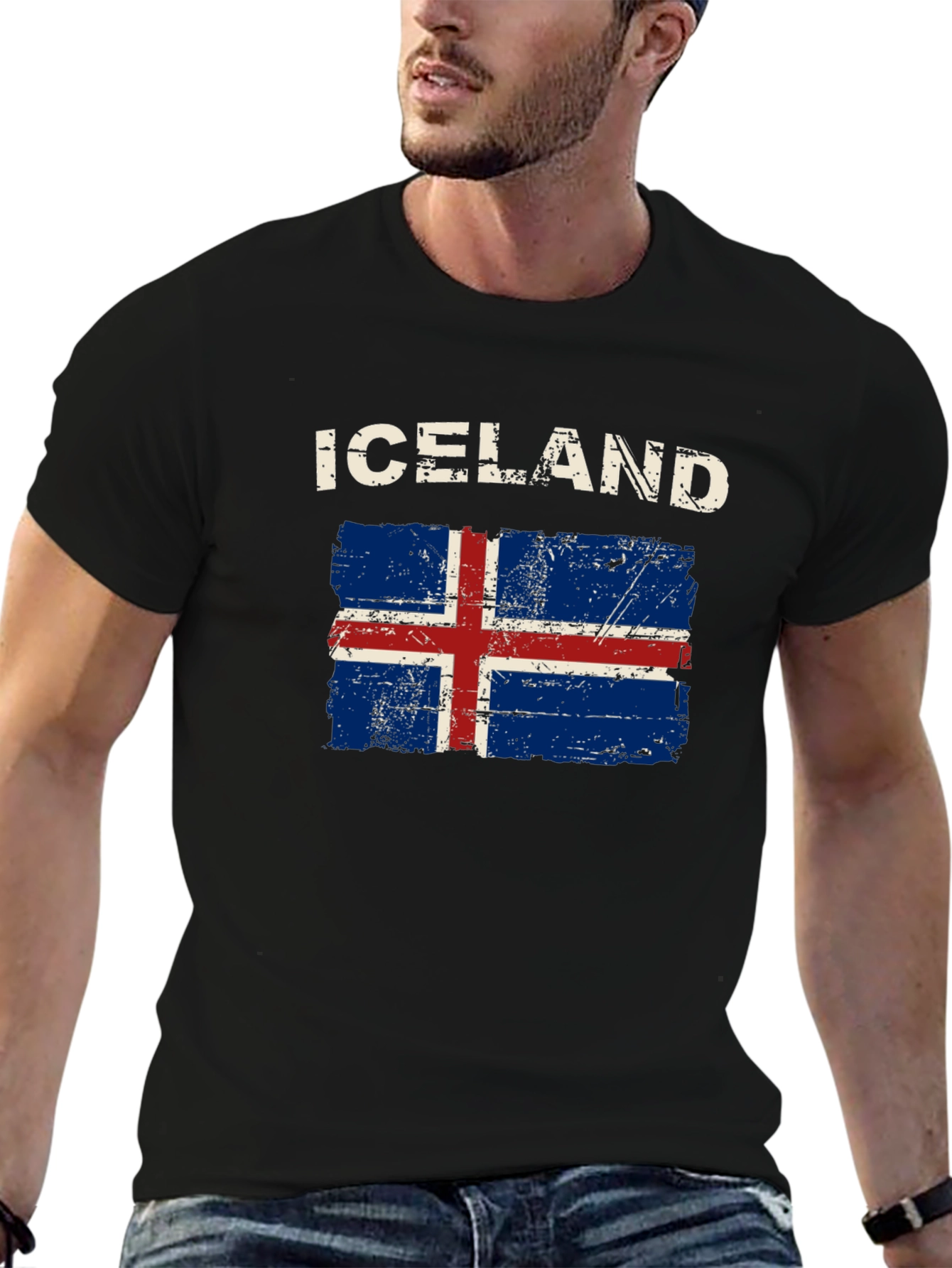 Iceland Flag Distressed T-Shirt - Black
