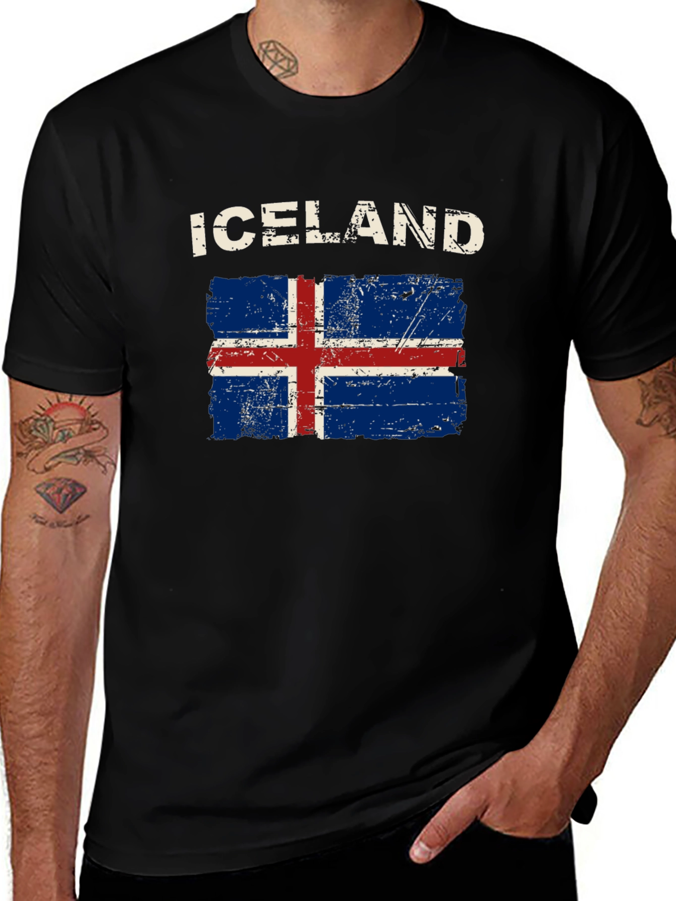 Iceland Flag Distressed T-Shirt - Black