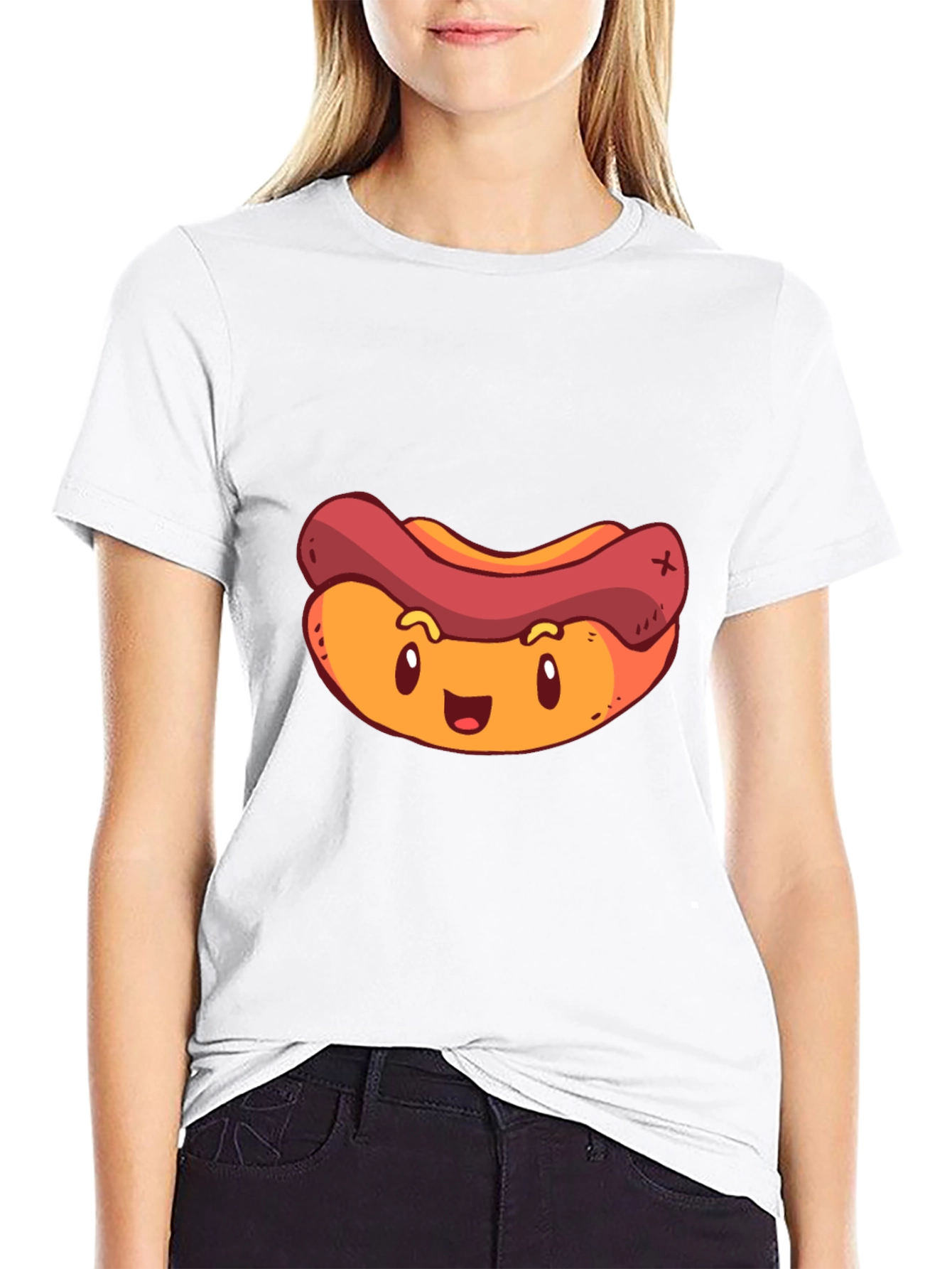 Cartoon Hotdog Graphic T-Shirt - Black