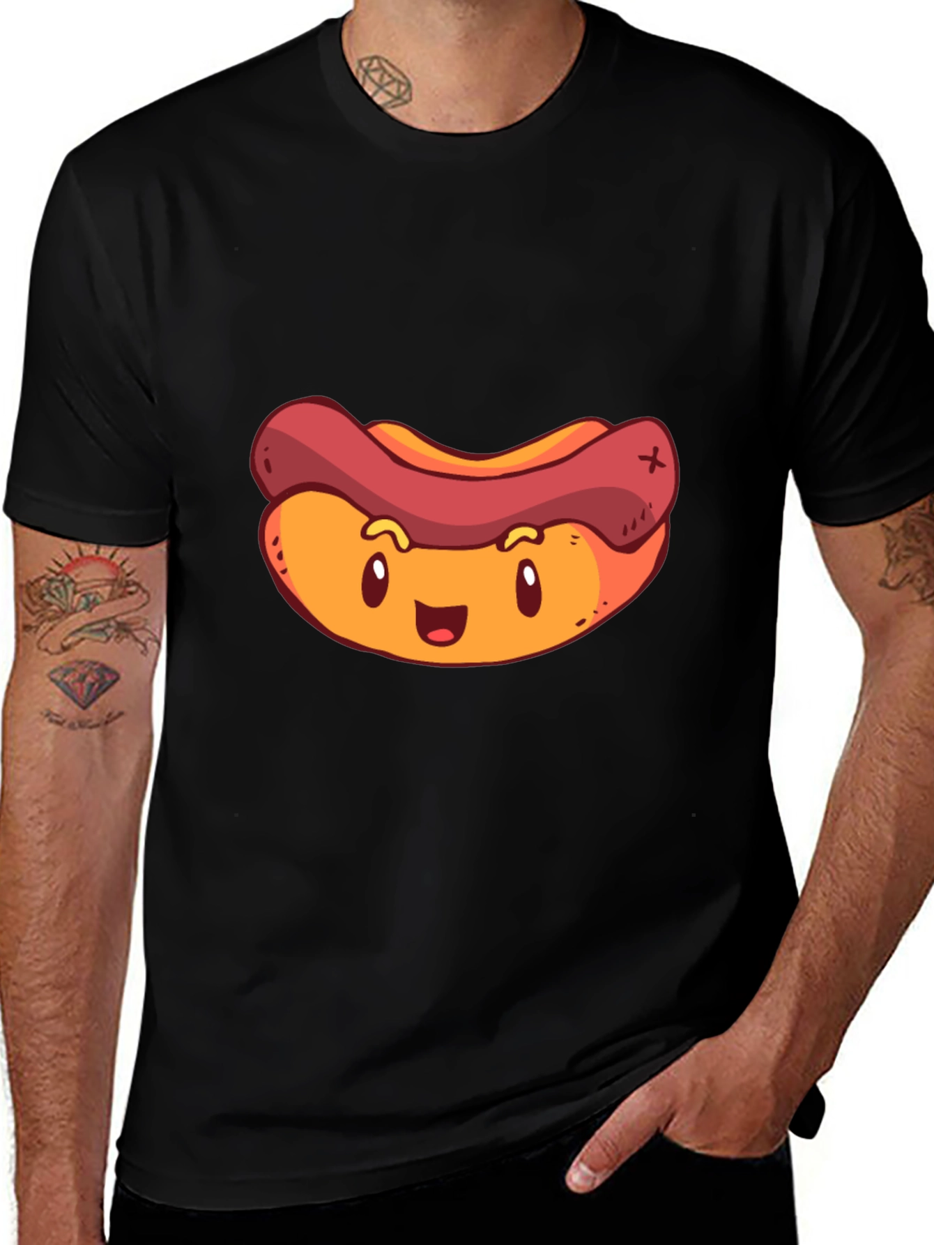 Cartoon Hotdog Graphic T-Shirt - Black