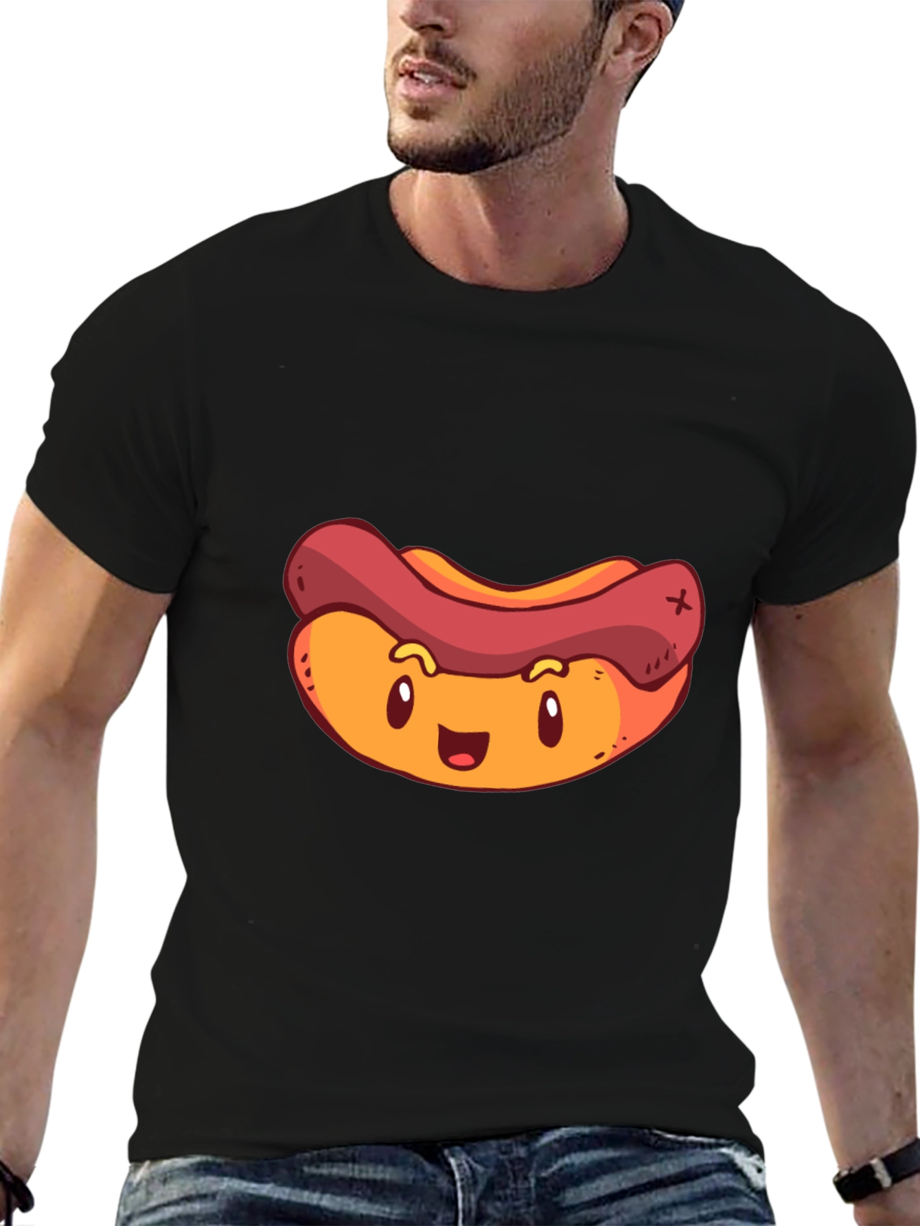 Cartoon Hotdog Graphic T-Shirt - Black