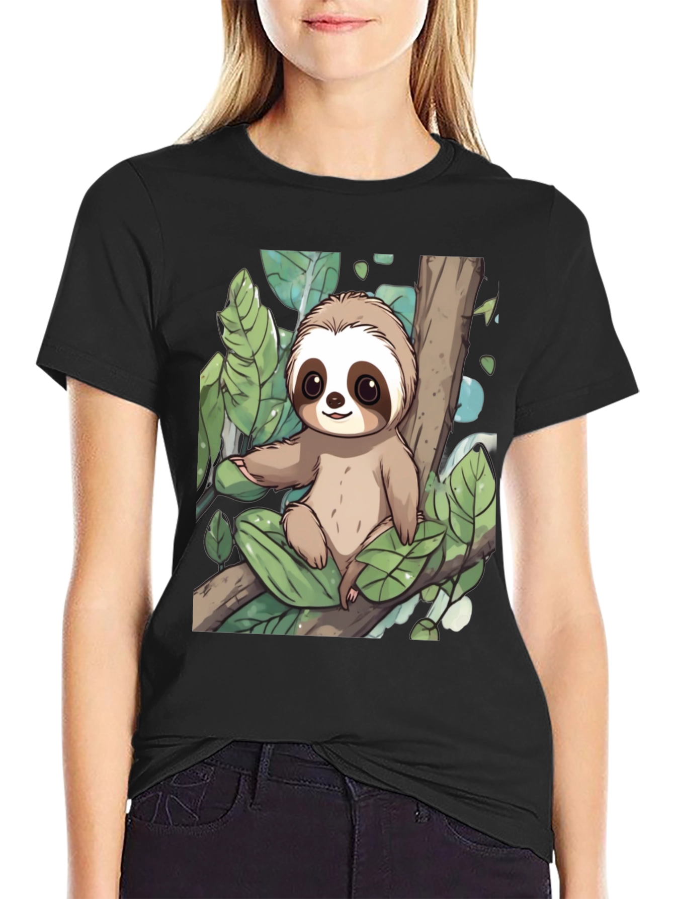 Cute Sloth Graphic Tee - Black Cotton T-Shirt