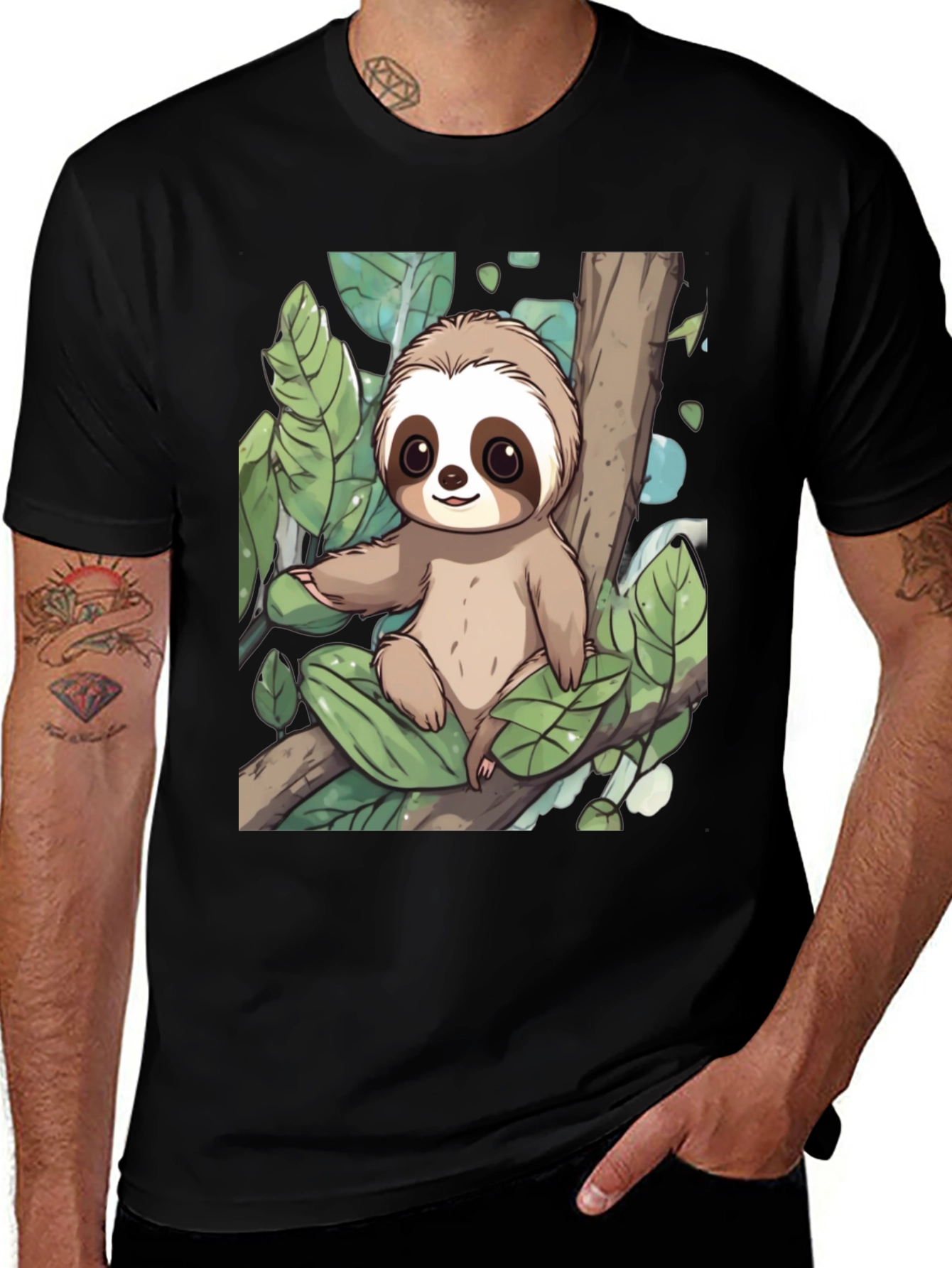 Cute Sloth Graphic Tee - Black Cotton T-Shirt