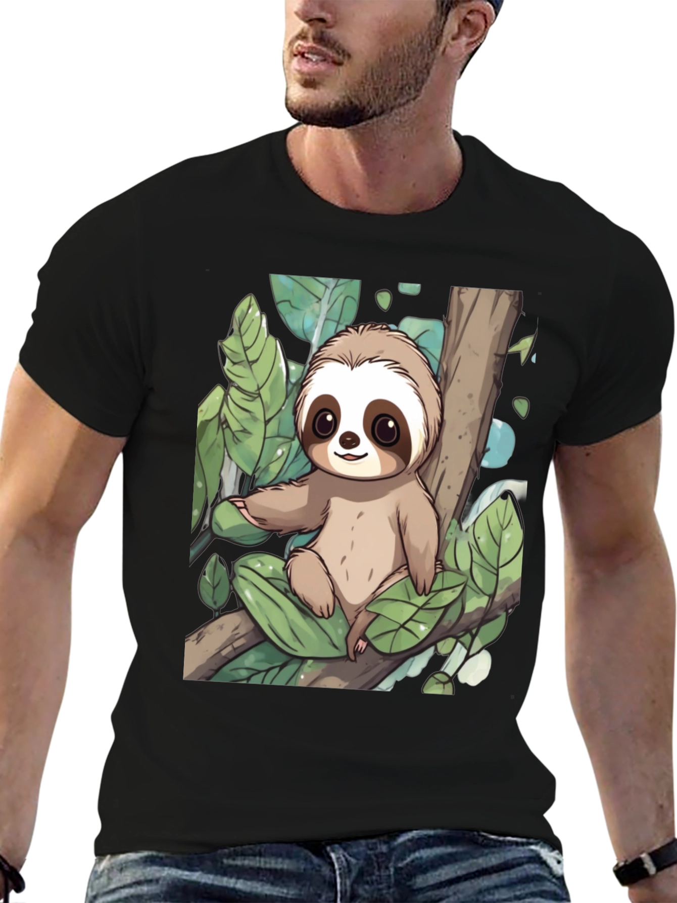 Cute Sloth Graphic Tee - Black Cotton T-Shirt