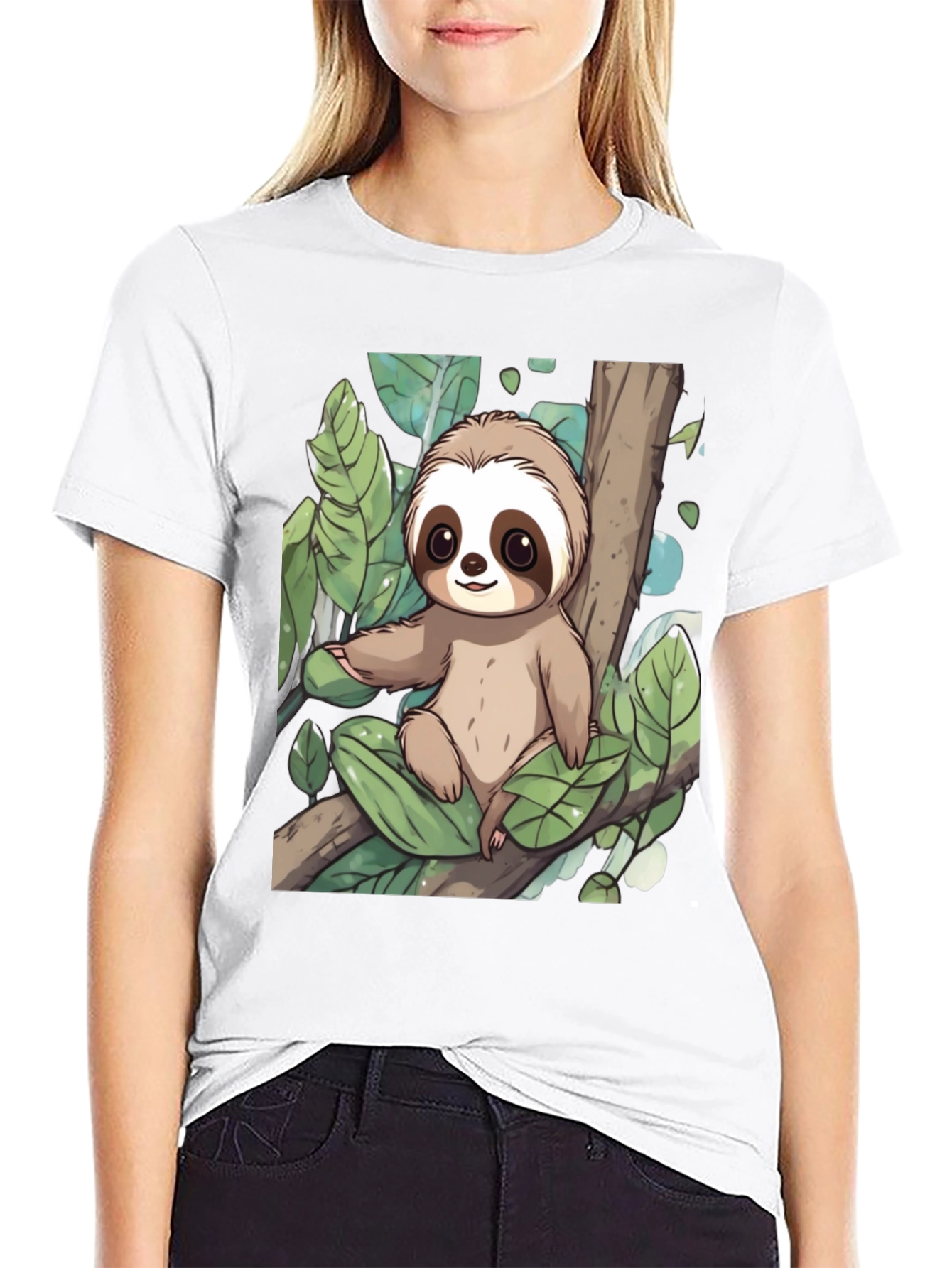 Cute Sloth Graphic Tee - Black Cotton T-Shirt