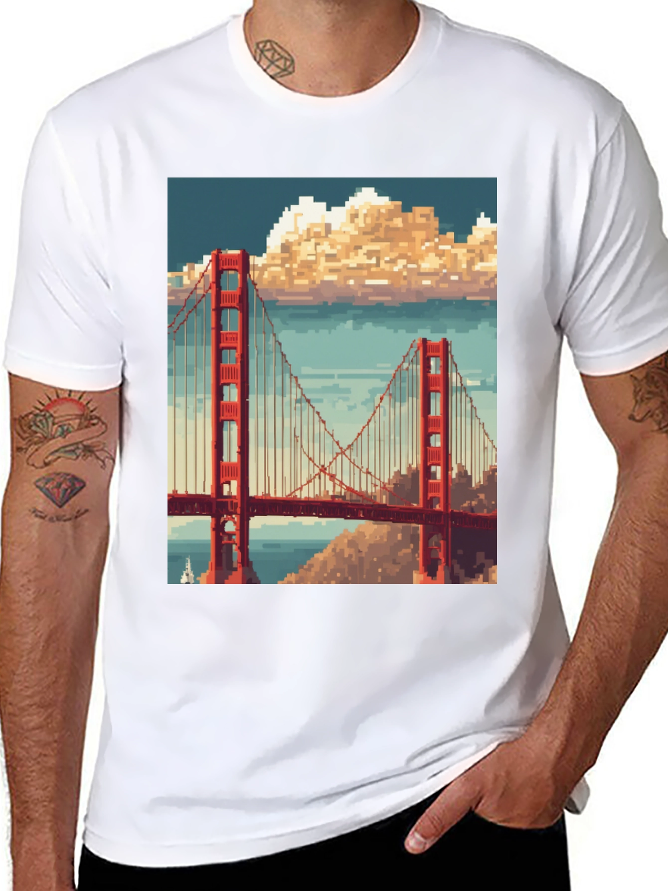 Golden Gate Pixel Art Black T-Shirt