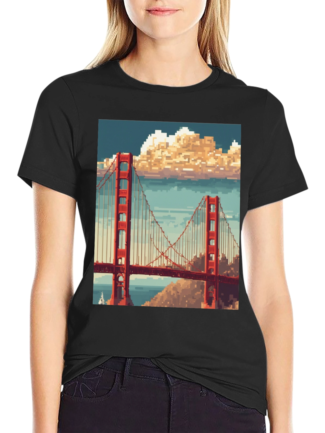 Golden Gate Pixel Art Black T-Shirt