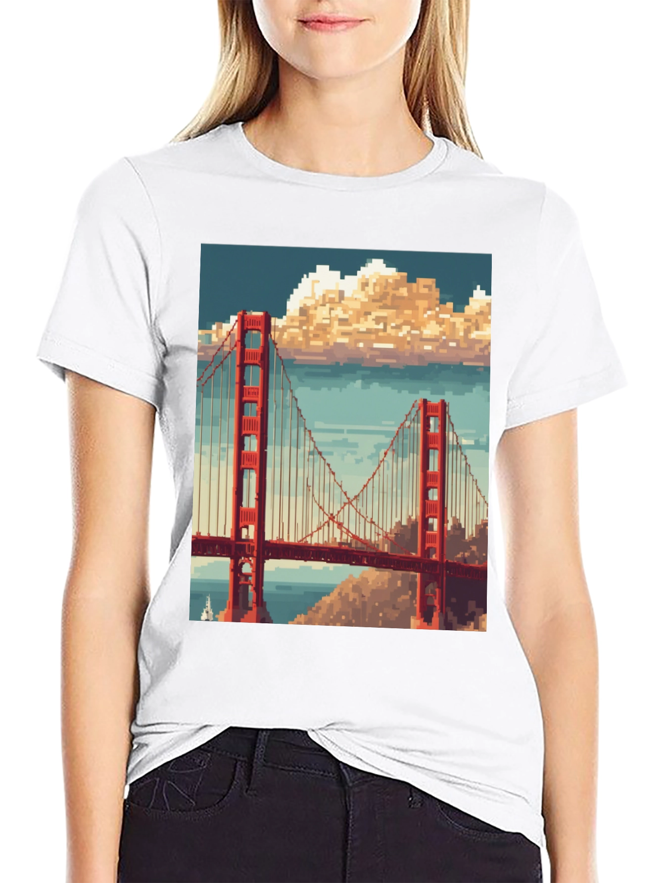 Golden Gate Pixel Art Black T-Shirt