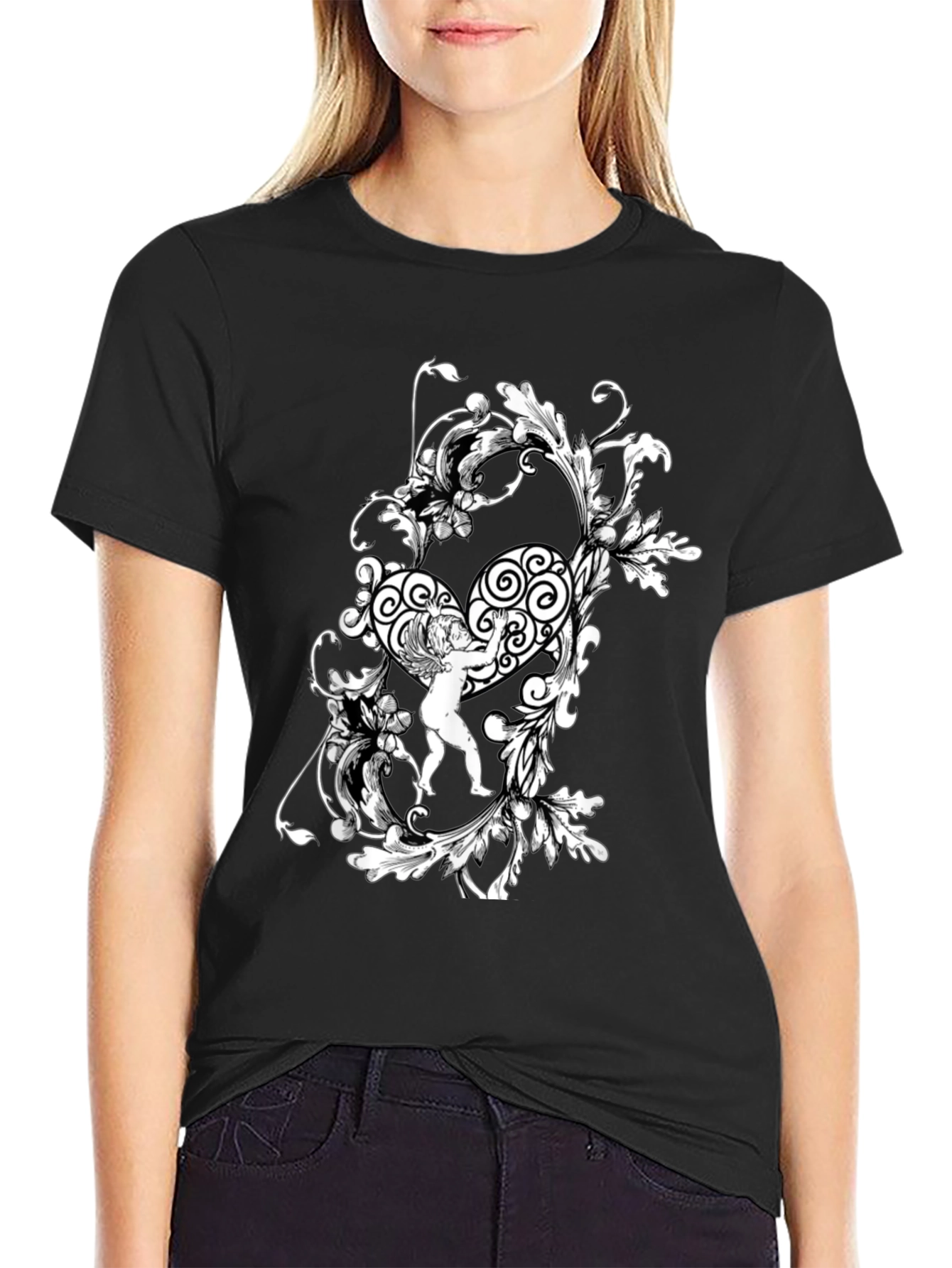 Ornate Angel Graphic Tee - Stylish Black T-Shirt