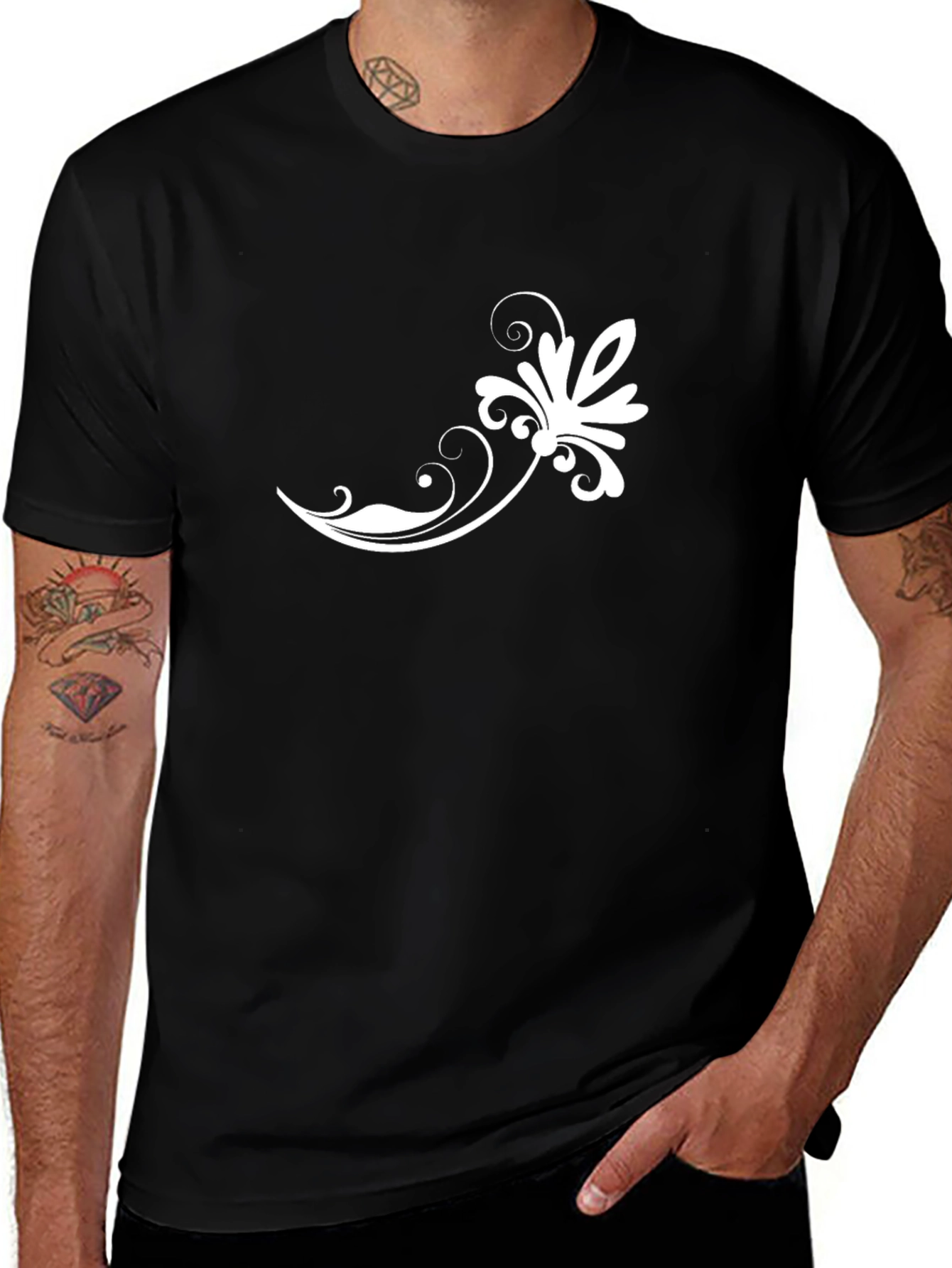 Elegant Floral Print Black T-Shirt