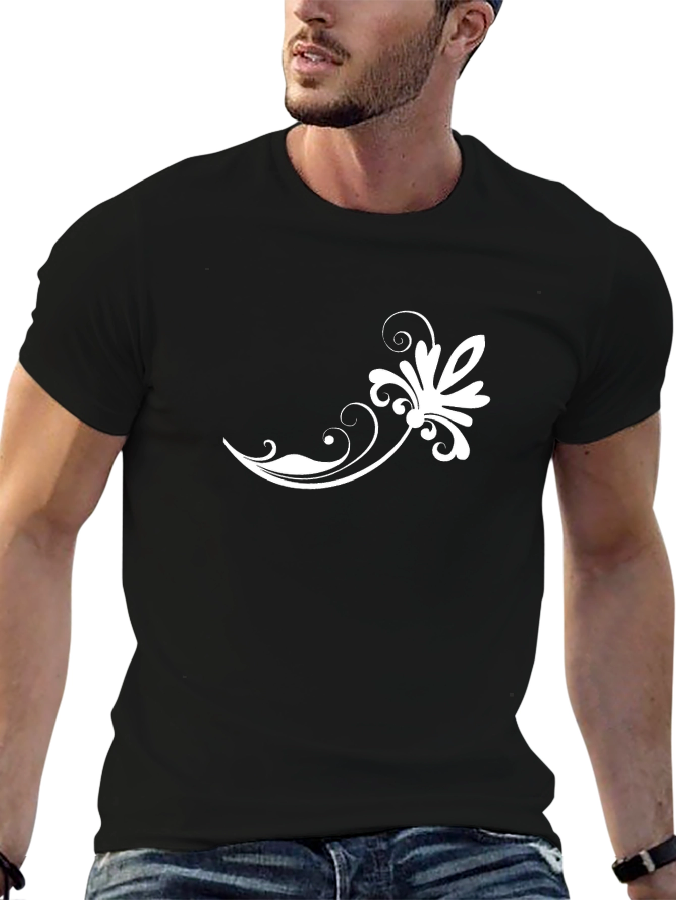 Elegant Floral Print Black T-Shirt