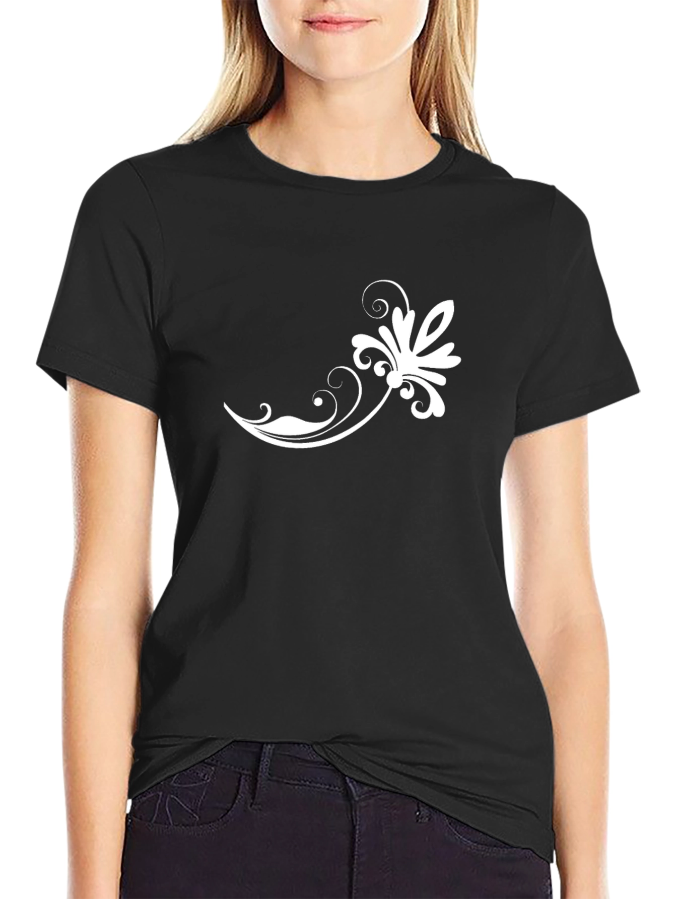 Elegant Floral Print Black T-Shirt