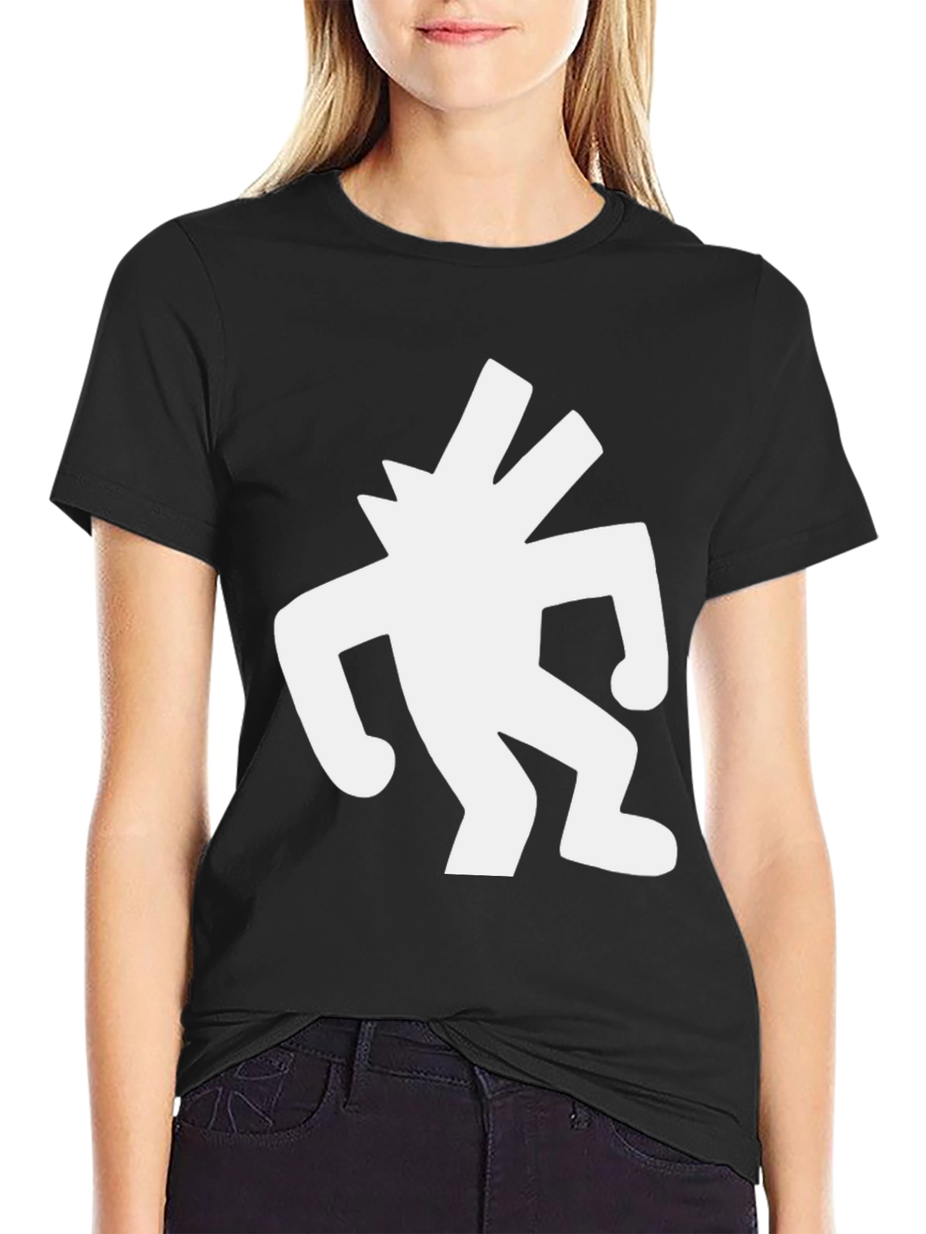 Black T-Shirt with White Abstract Figure Graphic