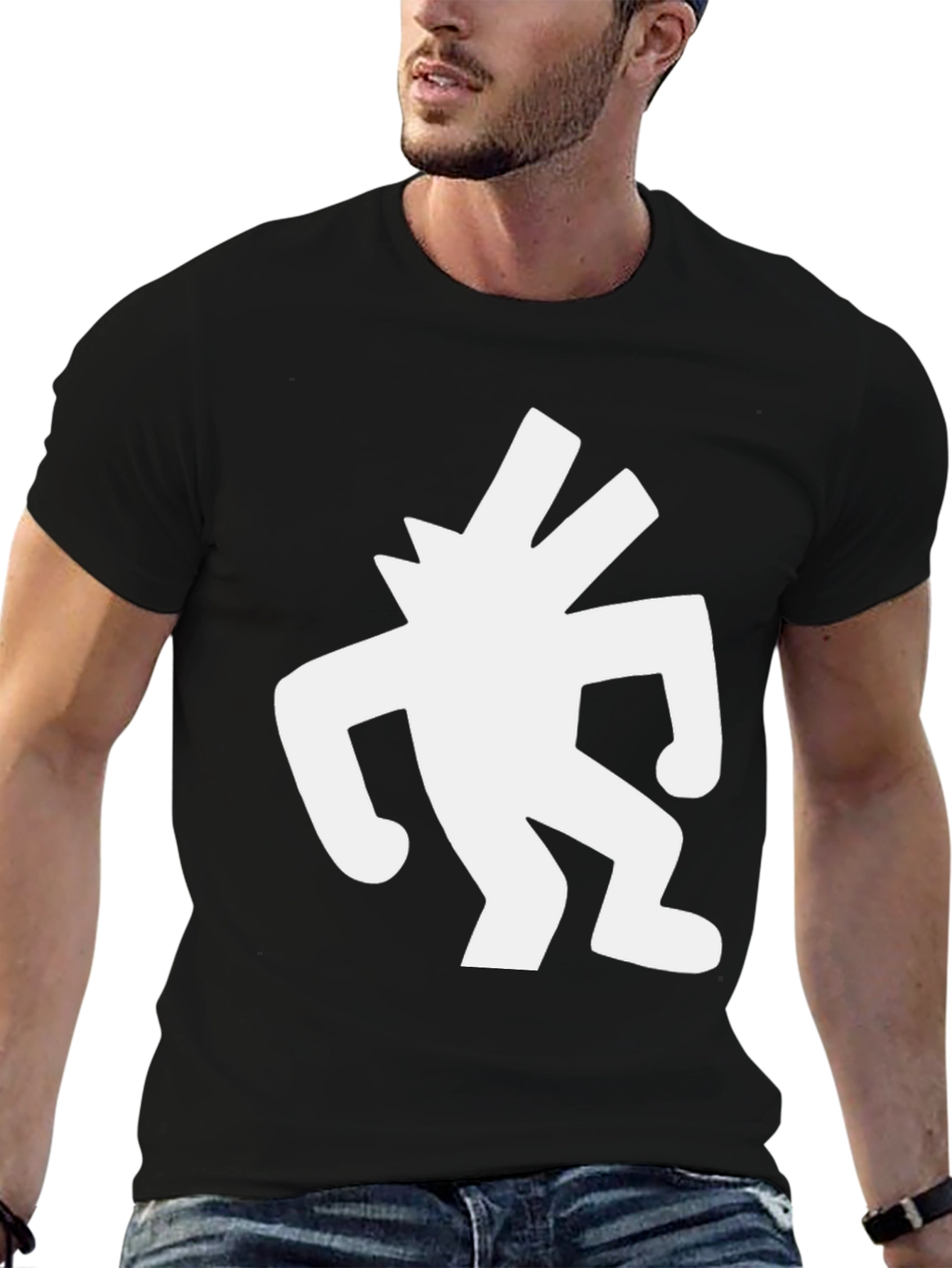 Black T-Shirt with White Abstract Figure Graphic