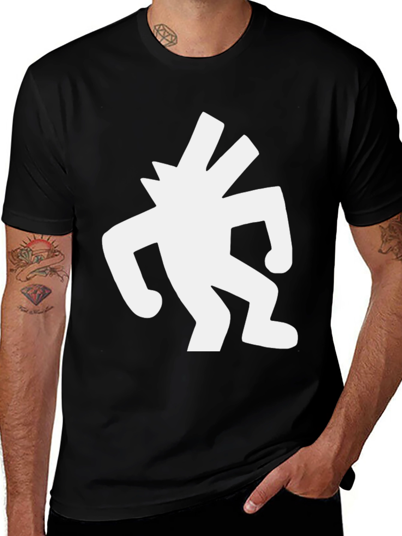 Black T-Shirt with White Abstract Figure Graphic