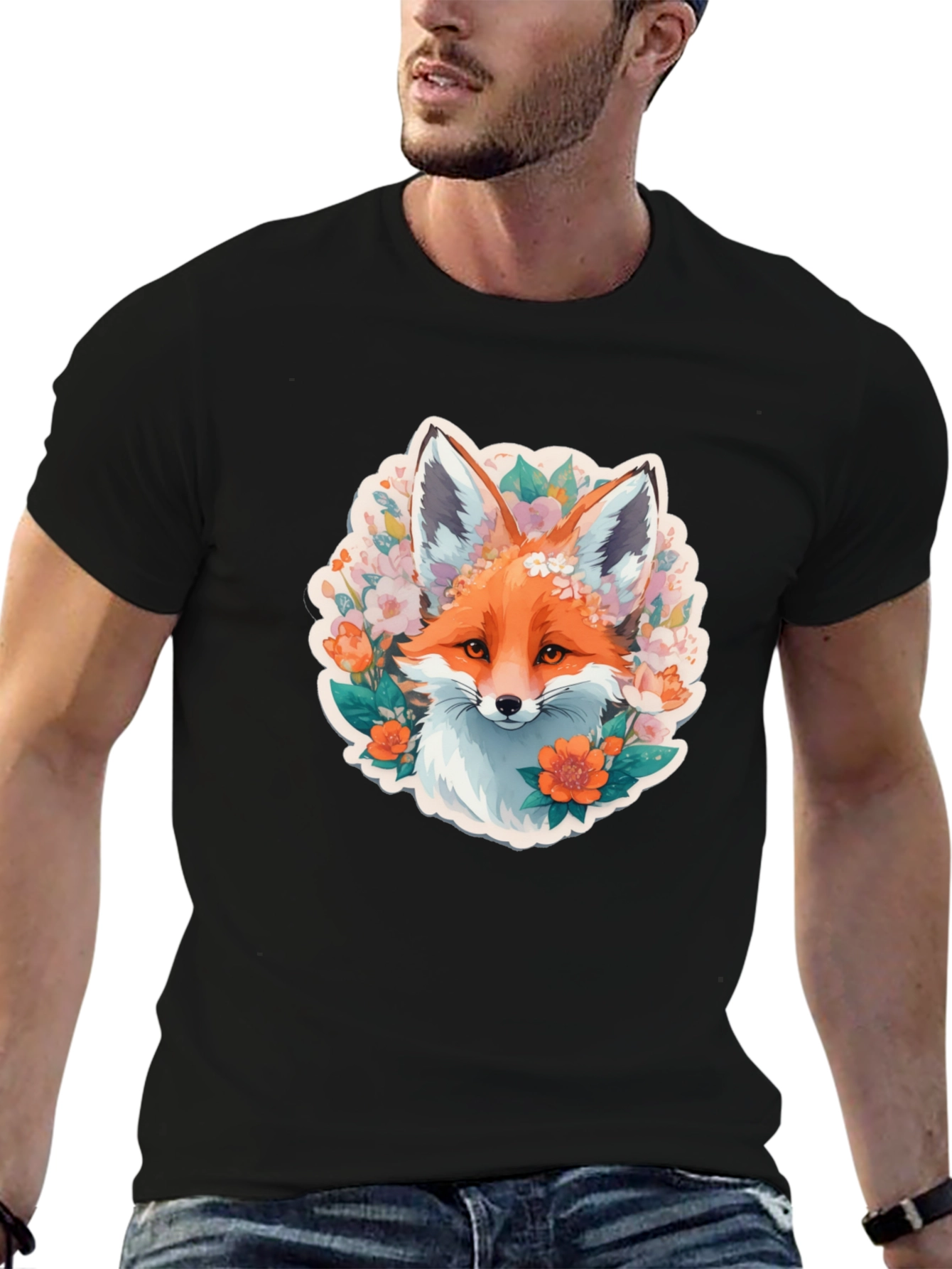 Floral Fox Graphic Tee - Stylish Black T-Shirt
