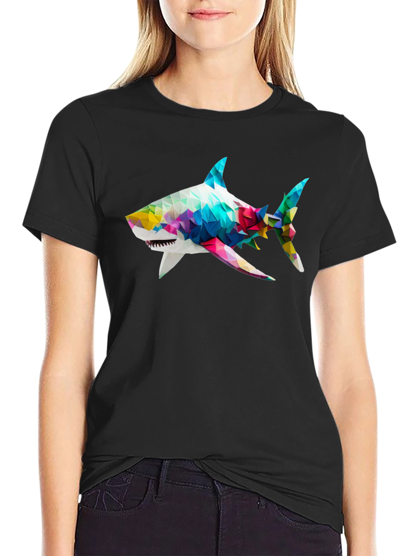 Geometric Shark Graphic Tee - Black Cotton Blend