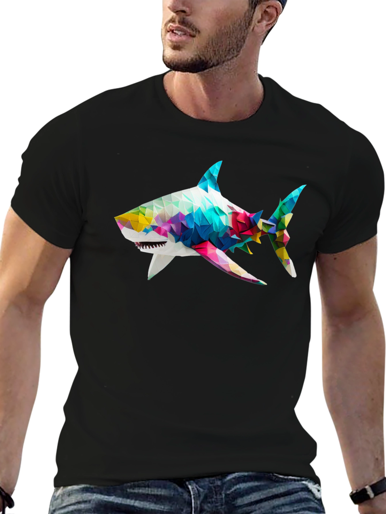 Geometric Shark Graphic Tee - Black Cotton Blend
