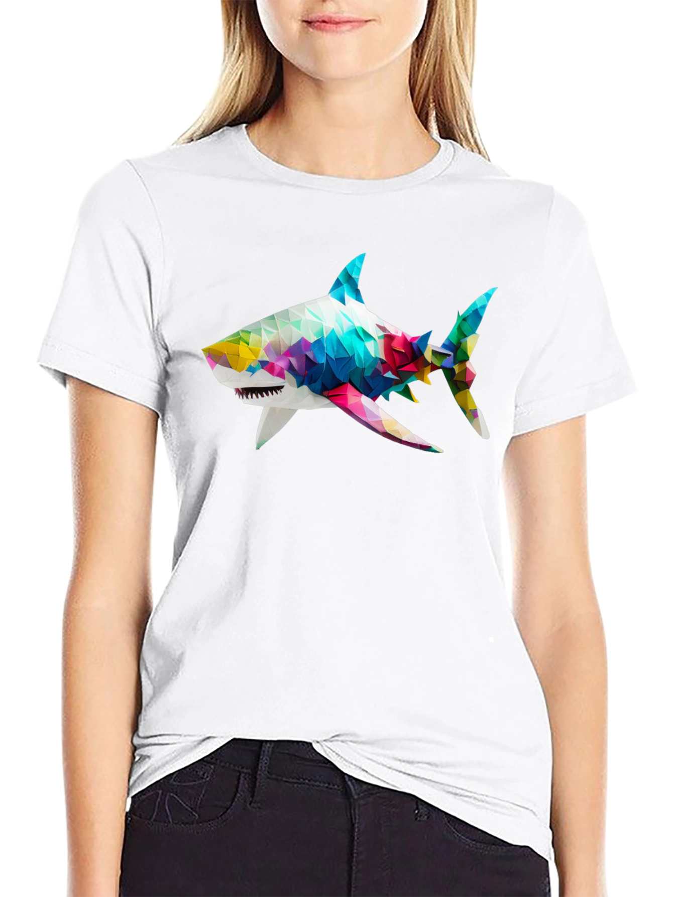 Geometric Shark Graphic Tee - Black Cotton Blend