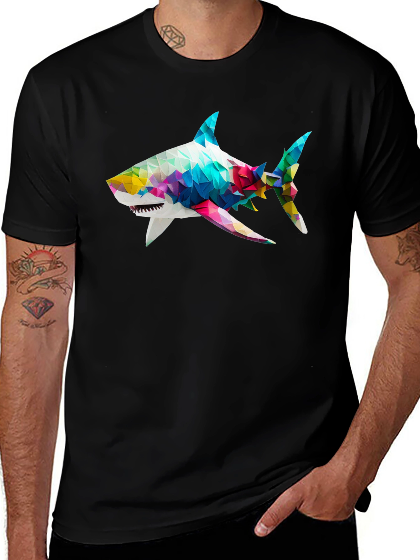 Geometric Shark Graphic Tee - Black Cotton Blend