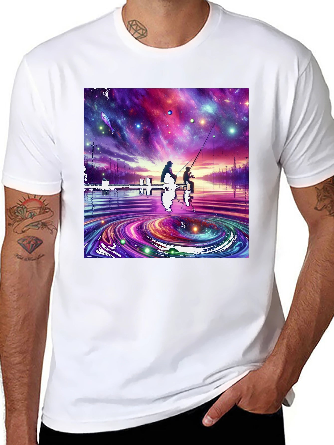 Cosmic Fishing Tee - Celestial Waters Design