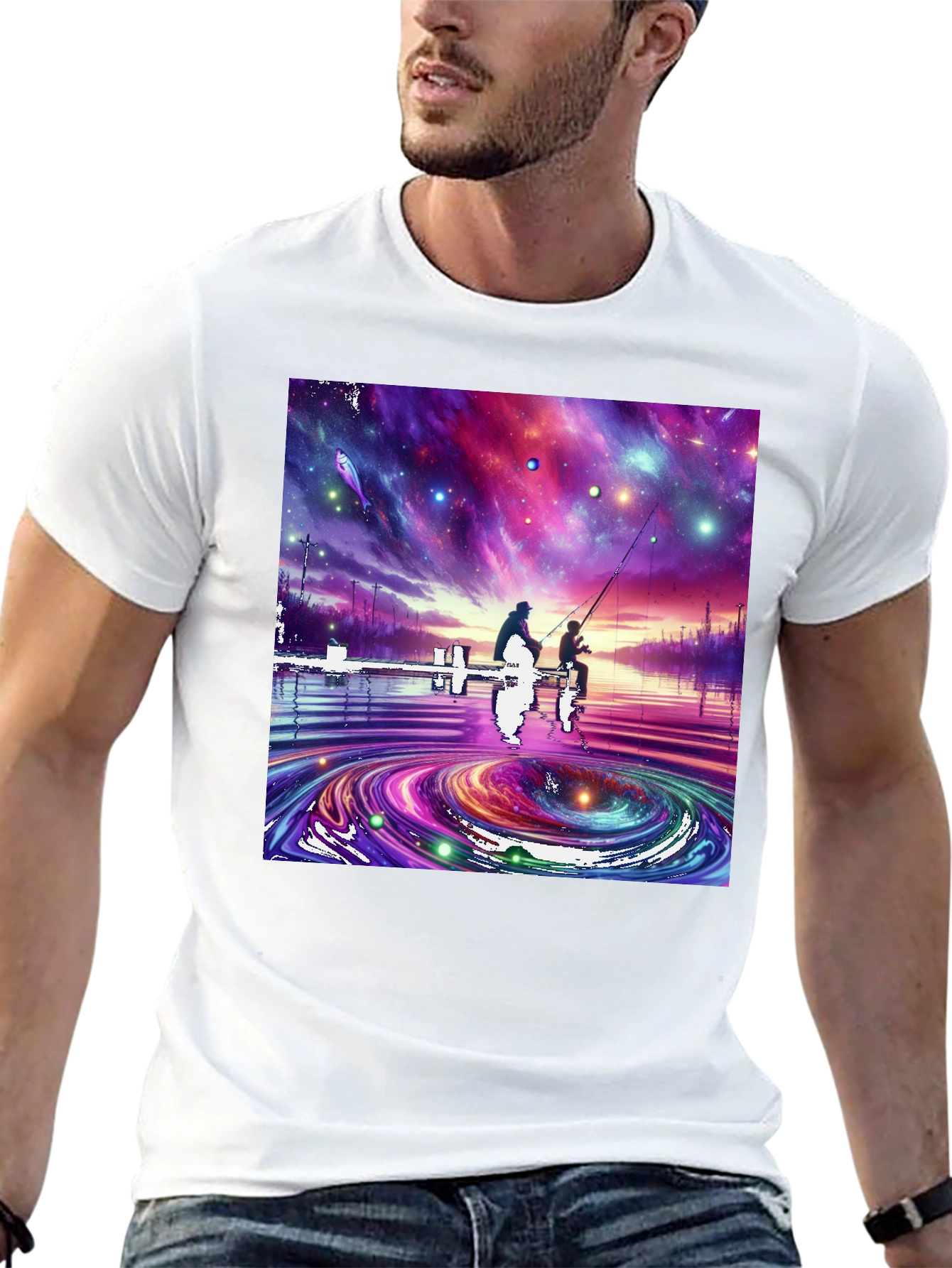 Cosmic Fishing Tee - Celestial Waters Design
