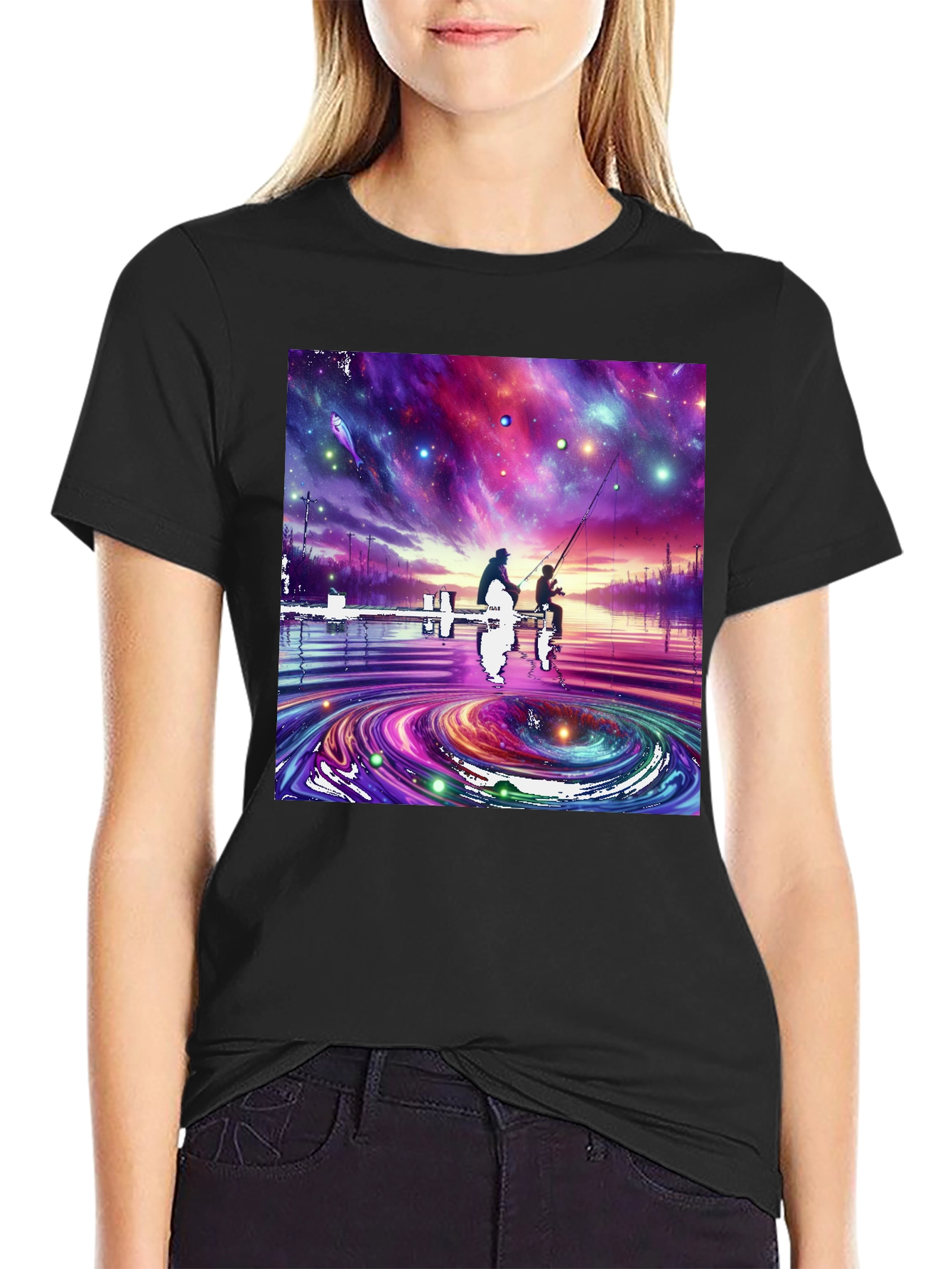 Cosmic Fishing Tee - Celestial Waters Design