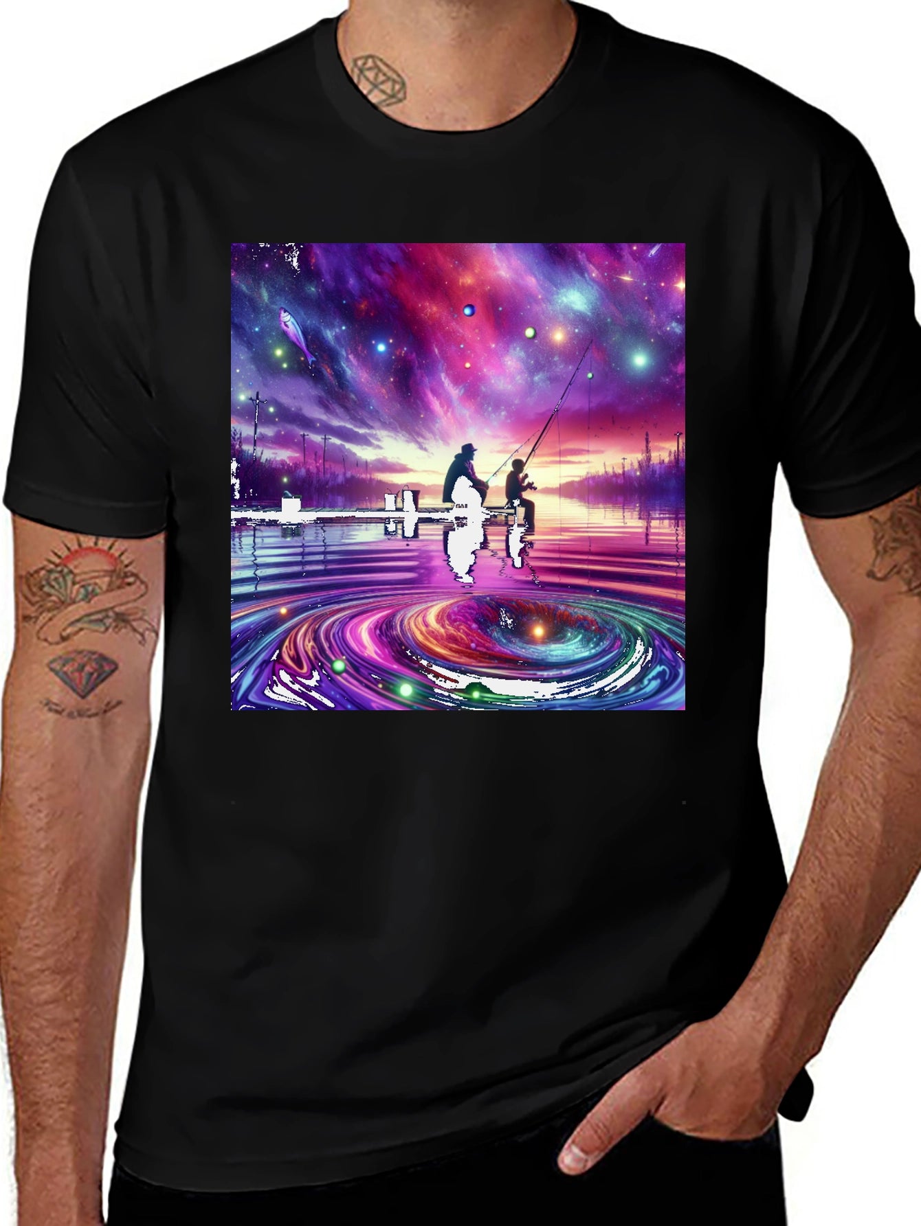 Cosmic Fishing Tee - Celestial Waters Design